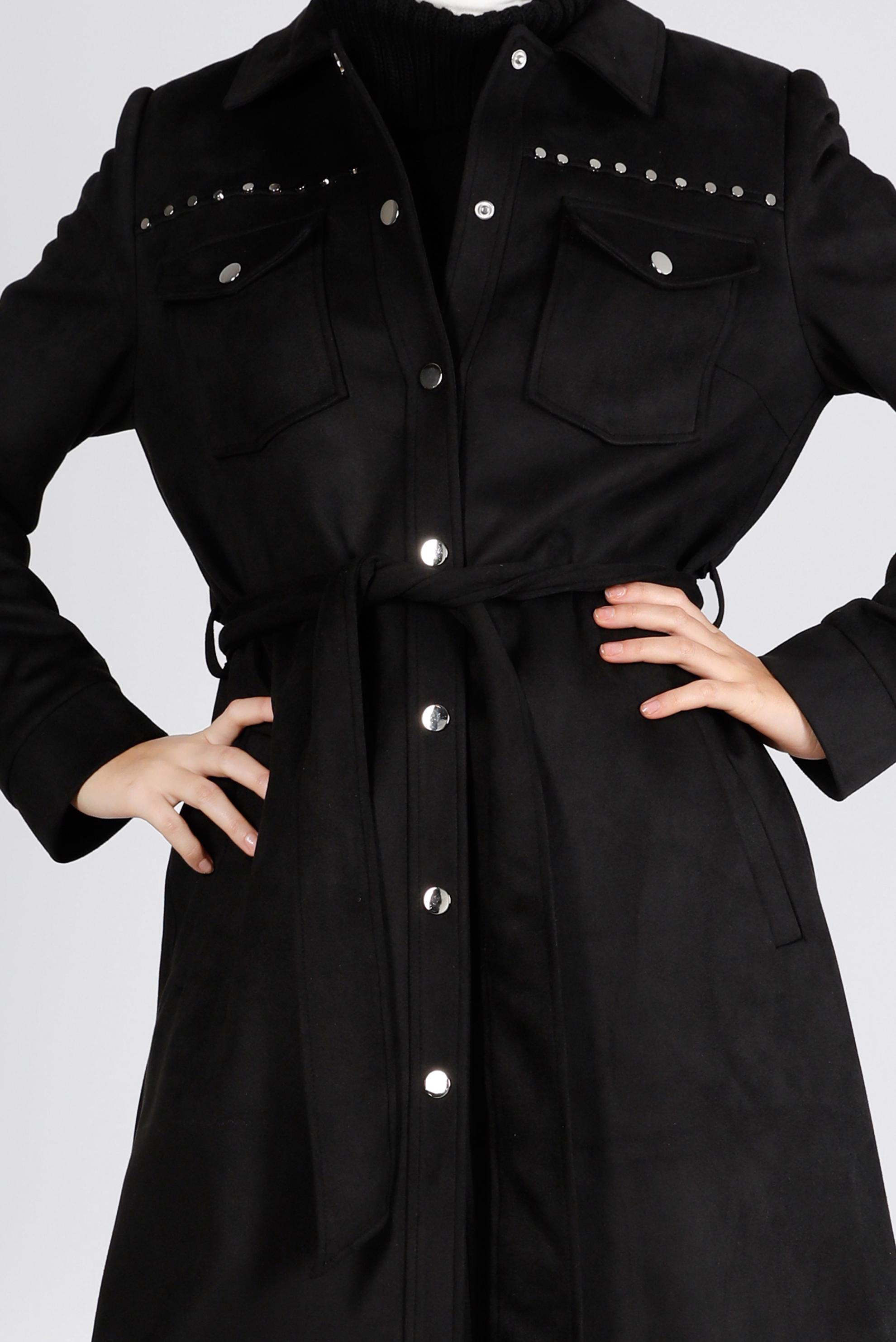 Tesettür giyim SİYAH ZIMBA DETAYLI KUŞAKLI SÜET TRENÇKOT 10457	