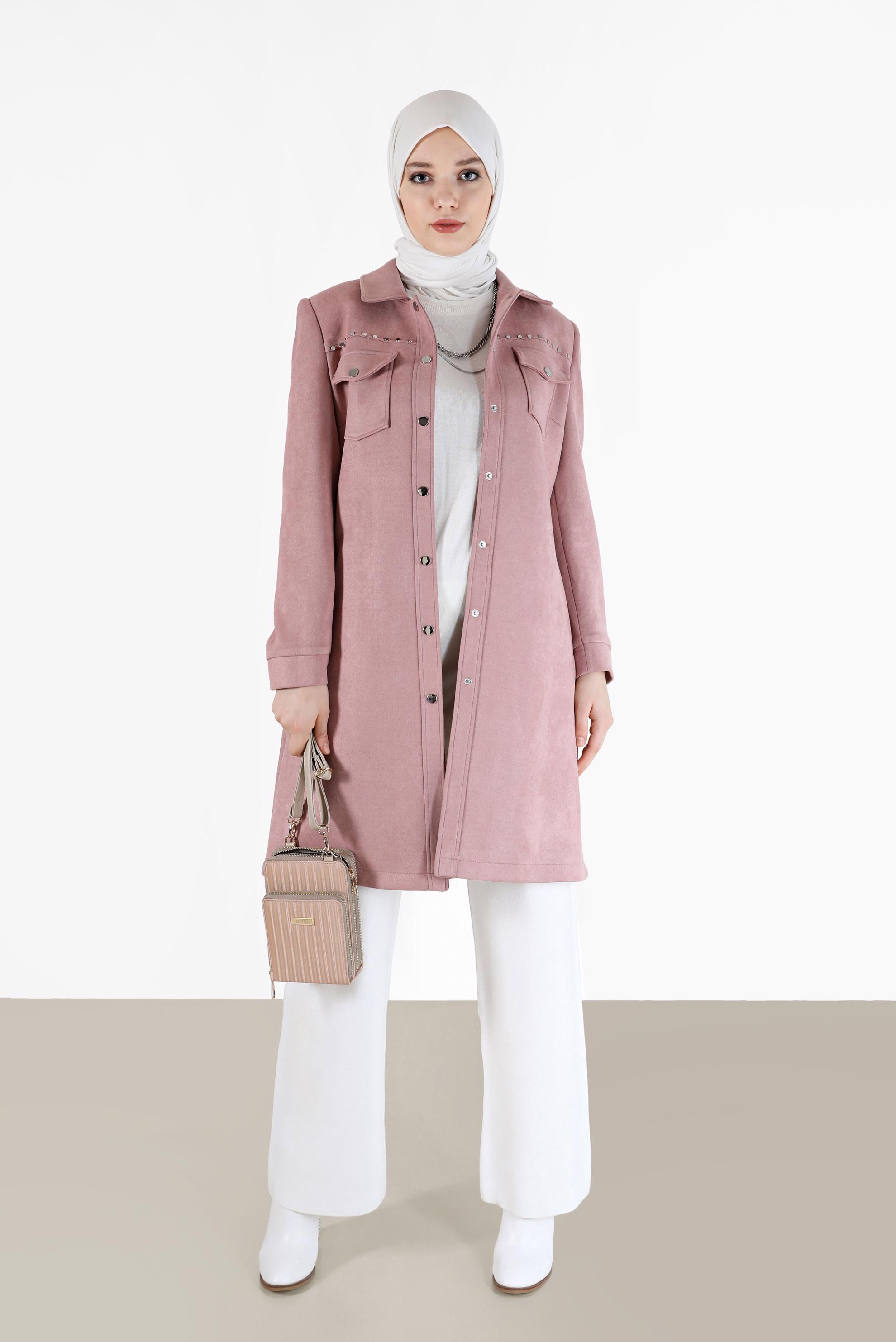 Tesettür giyim PUDRA ZIMBA DETAYLI KUŞAKLI SÜET TRENÇKOT 10457	