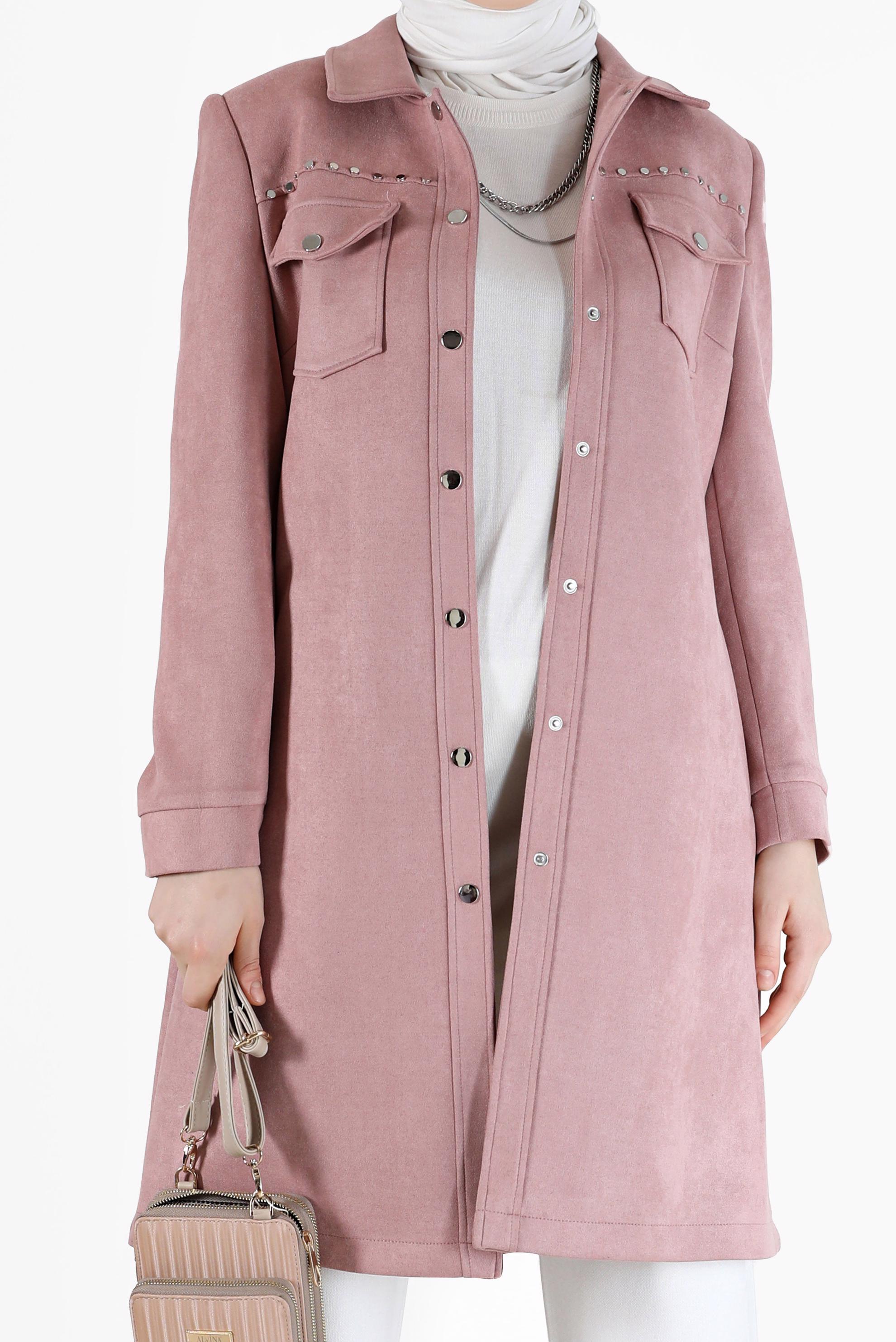 Tesettür giyim PUDRA ZIMBA DETAYLI KUŞAKLI SÜET TRENÇKOT 10457	