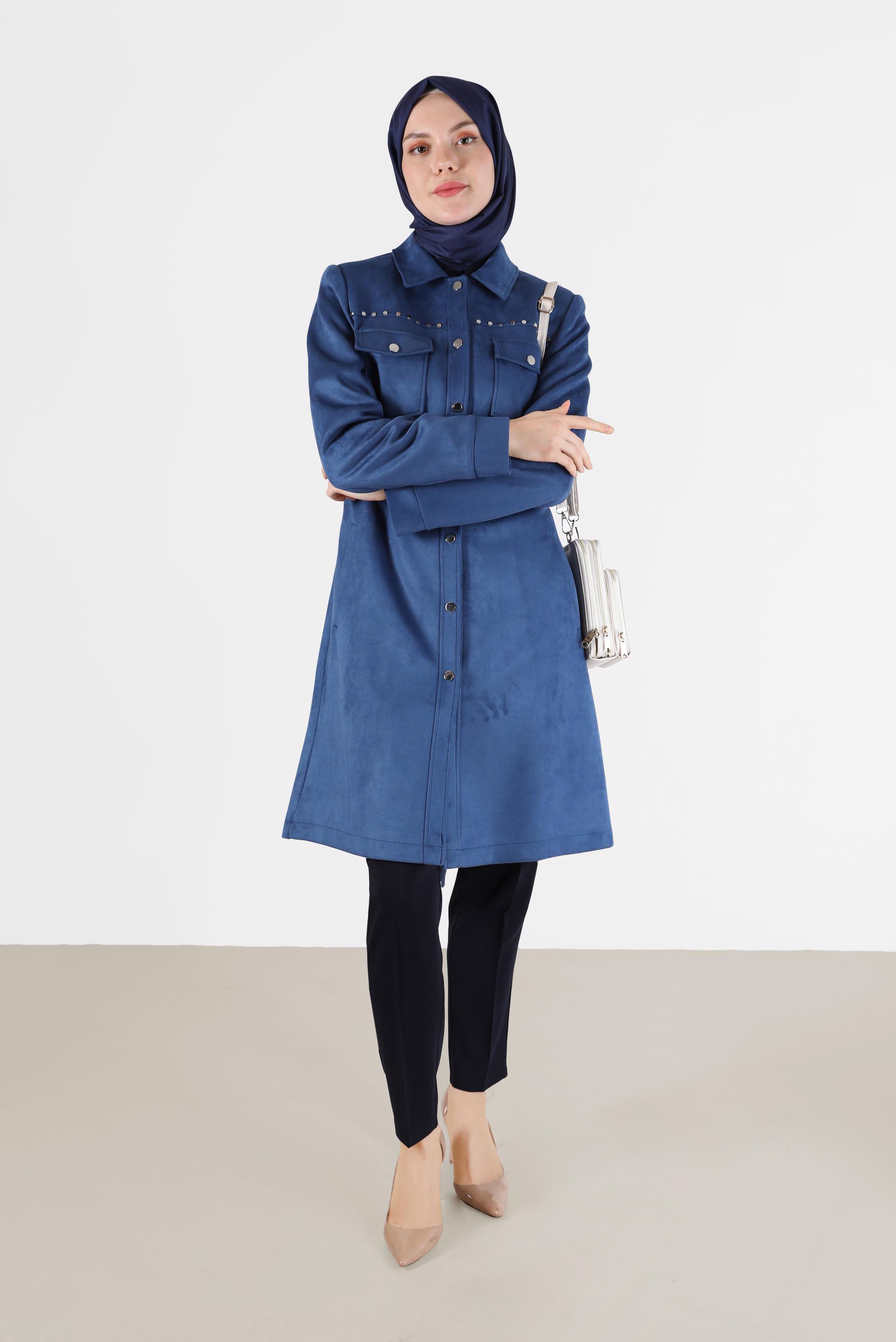 Vêtements hijab BLEU MARINE TRENCH-COAT EN DAIM AVEC CEINTURE ET CLOUS 10457