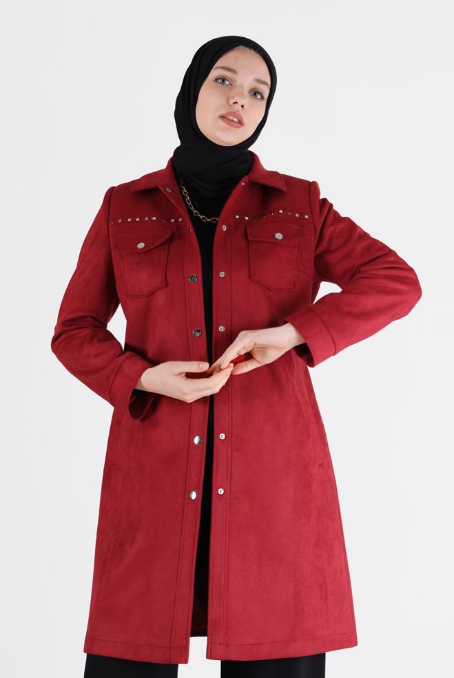 Vêtements hijab  TRENCH-COAT EN DAIM AVEC CEINTURE ET CLOUS 10457 - ALVİNA