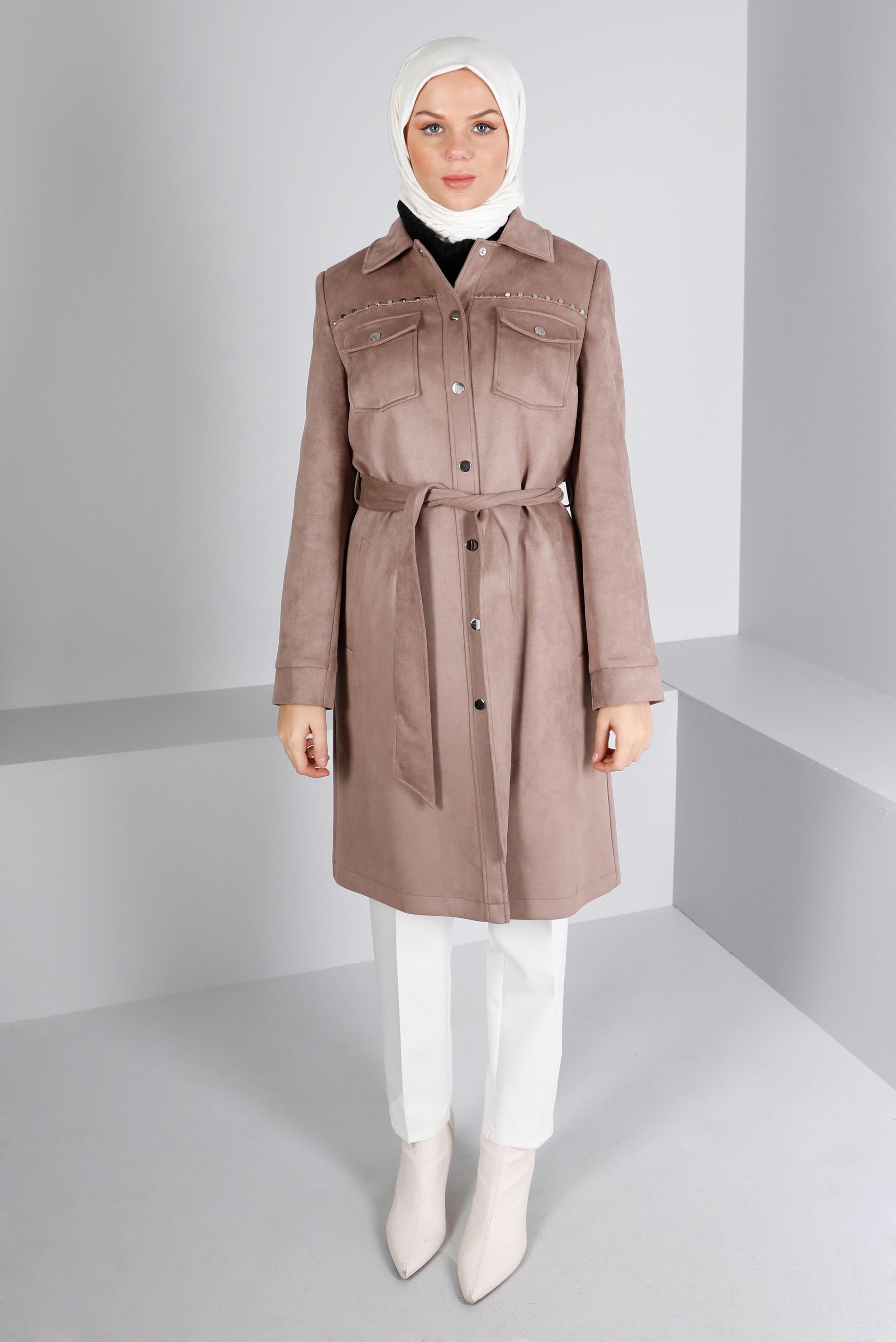 Tesettür giyim VİZON ZIMBA DETAYLI KUŞAKLI SÜET TRENÇKOT 10457	