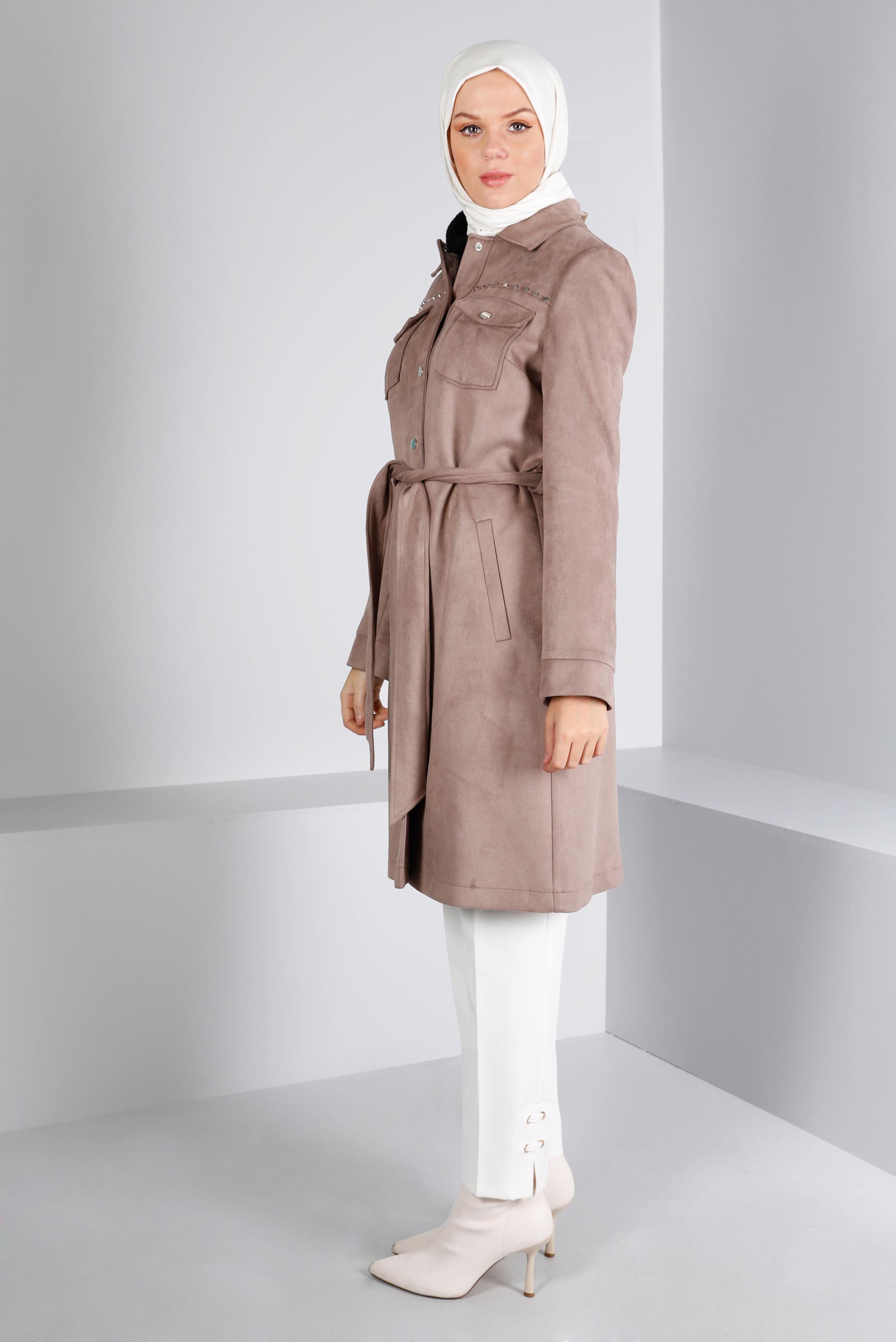 Tesettür giyim VİZON ZIMBA DETAYLI KUŞAKLI SÜET TRENÇKOT 10457	