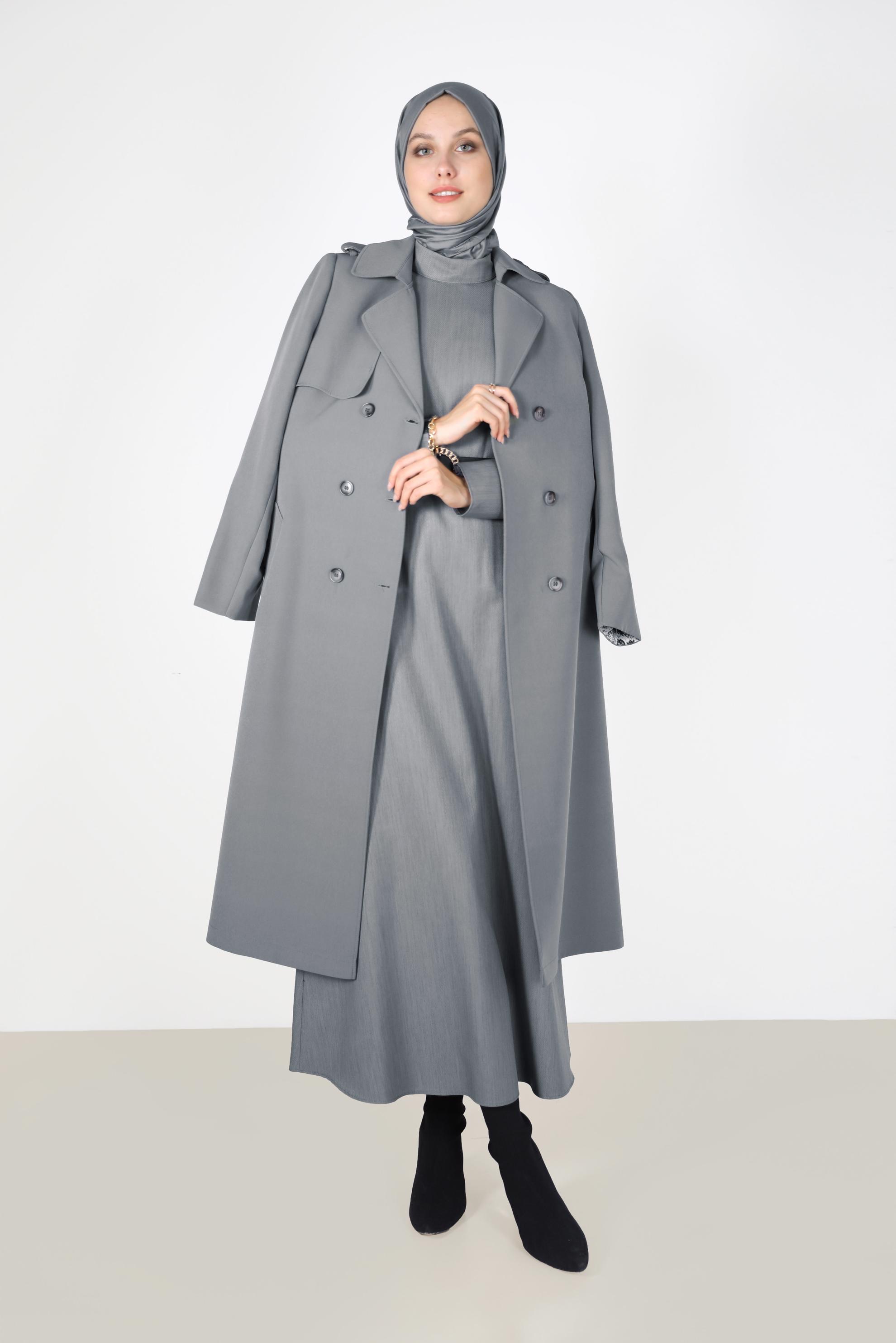 Tesettür giyim GRİ KRUVAZE YAKA DÜĞMELİ TRENÇKOT 10461 