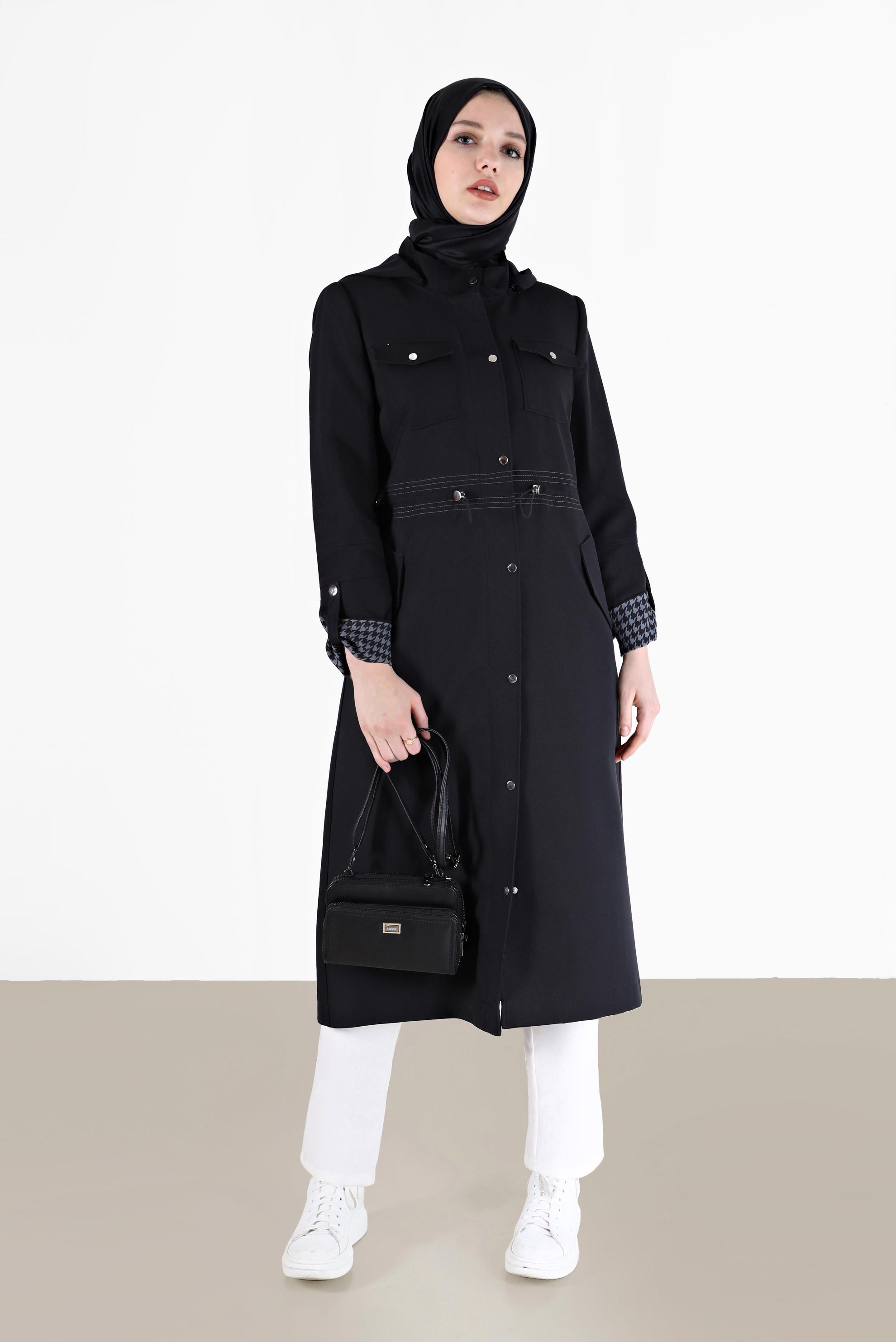 Vêtements hijab NOIR TRENCH-COAT TAILLE FRONCÉE TEXTURE PIED-DE-POULE 10466