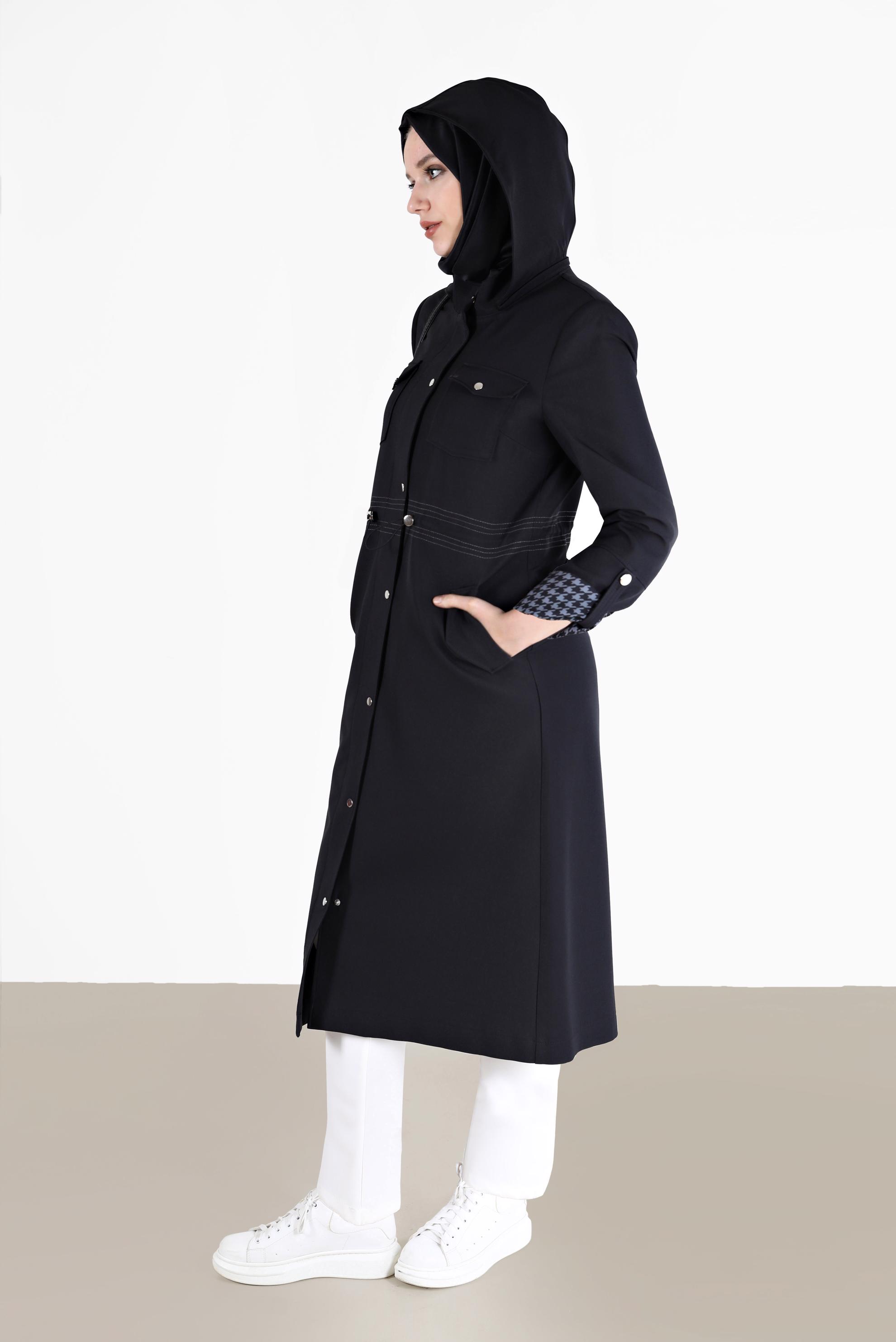 Vêtements hijab NOIR TRENCH-COAT TAILLE FRONCÉE TEXTURE PIED-DE-POULE 10466