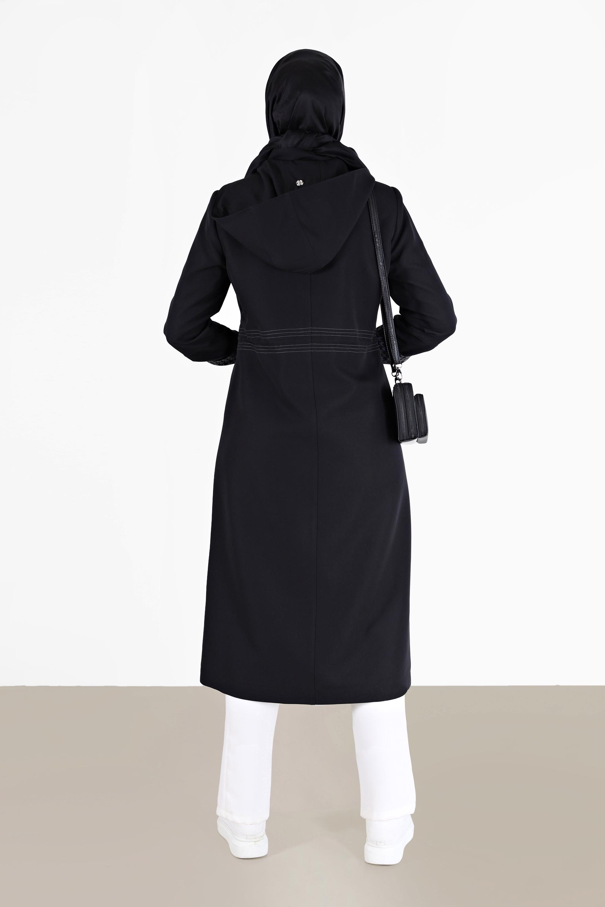 Vêtements hijab NOIR TRENCH-COAT TAILLE FRONCÉE TEXTURE PIED-DE-POULE 10466