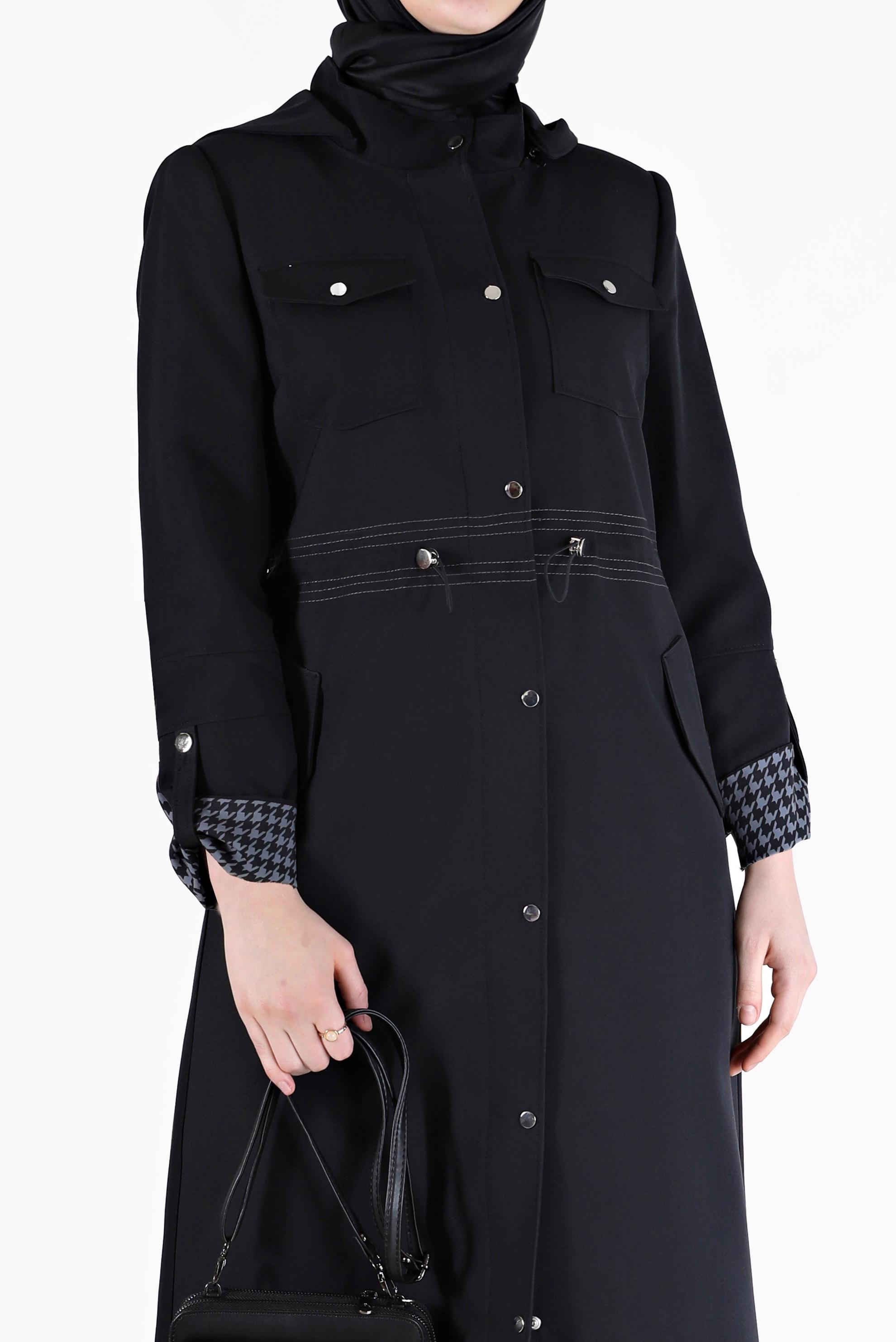 Vêtements hijab NOIR TRENCH-COAT TAILLE FRONCÉE TEXTURE PIED-DE-POULE 10466