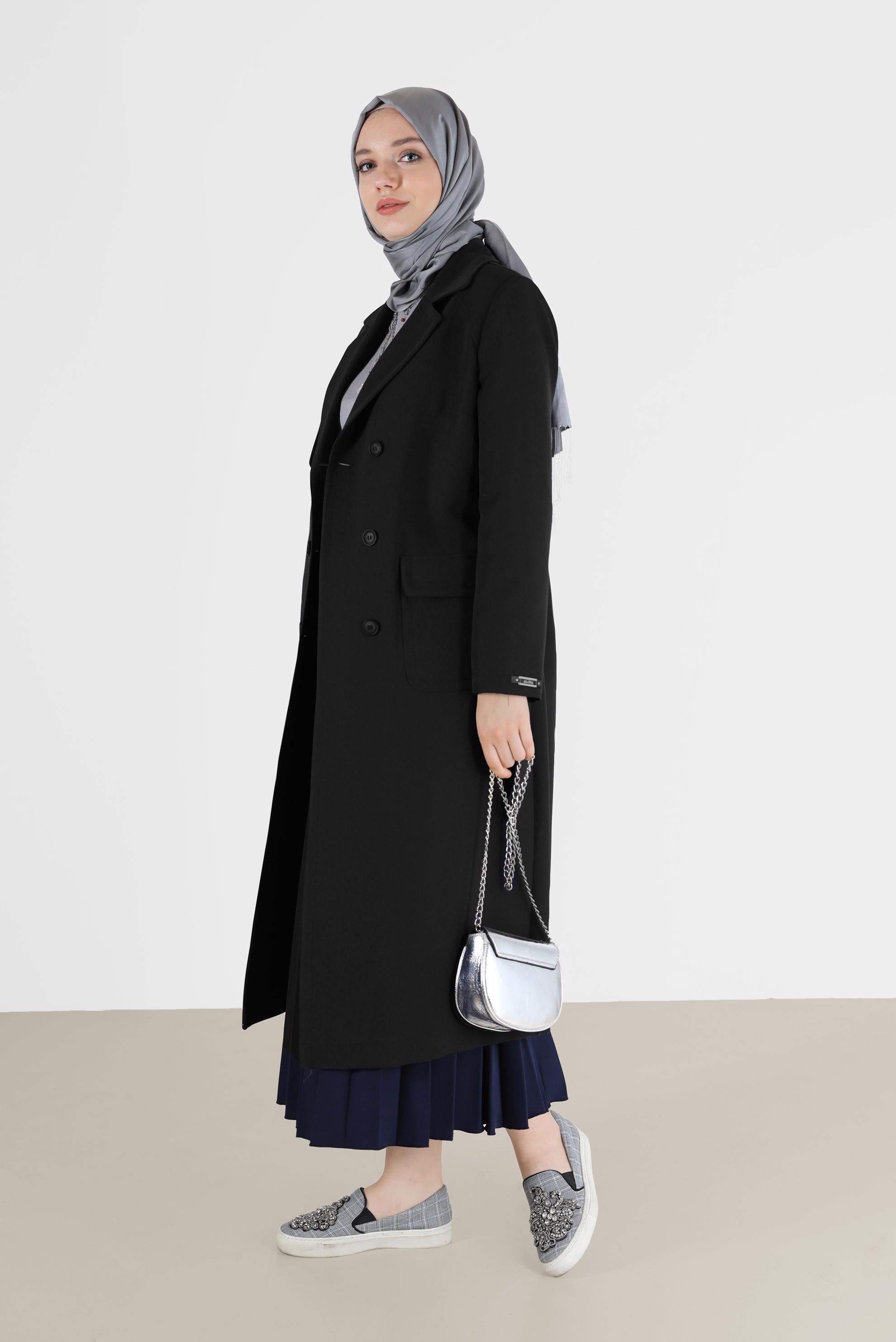Tesettür giyim SİYAH KRUVAZE YAKA KUŞAKLI TRENÇKOT 10468