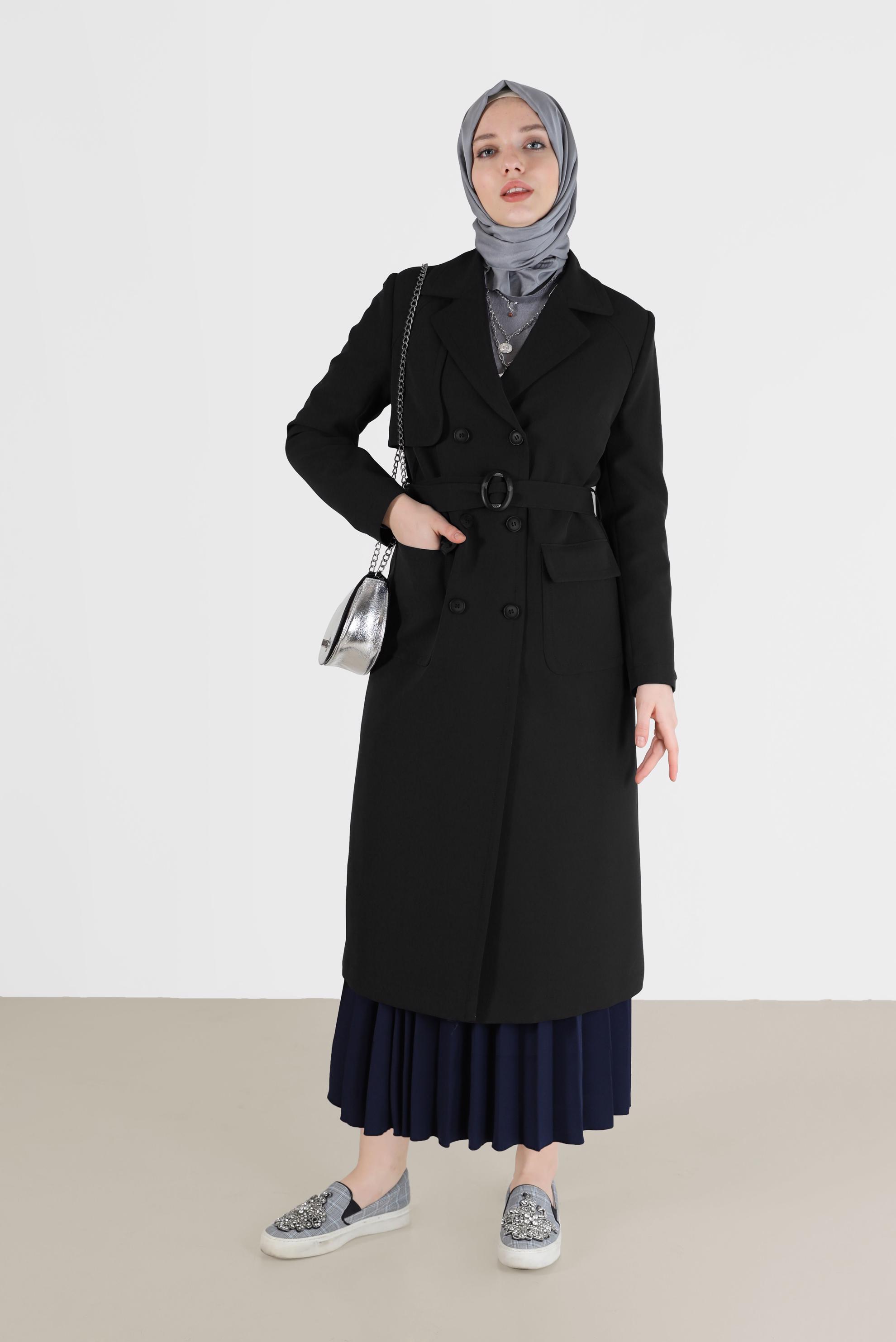 Tesettür giyim SİYAH KRUVAZE YAKA KUŞAKLI TRENÇKOT 10468