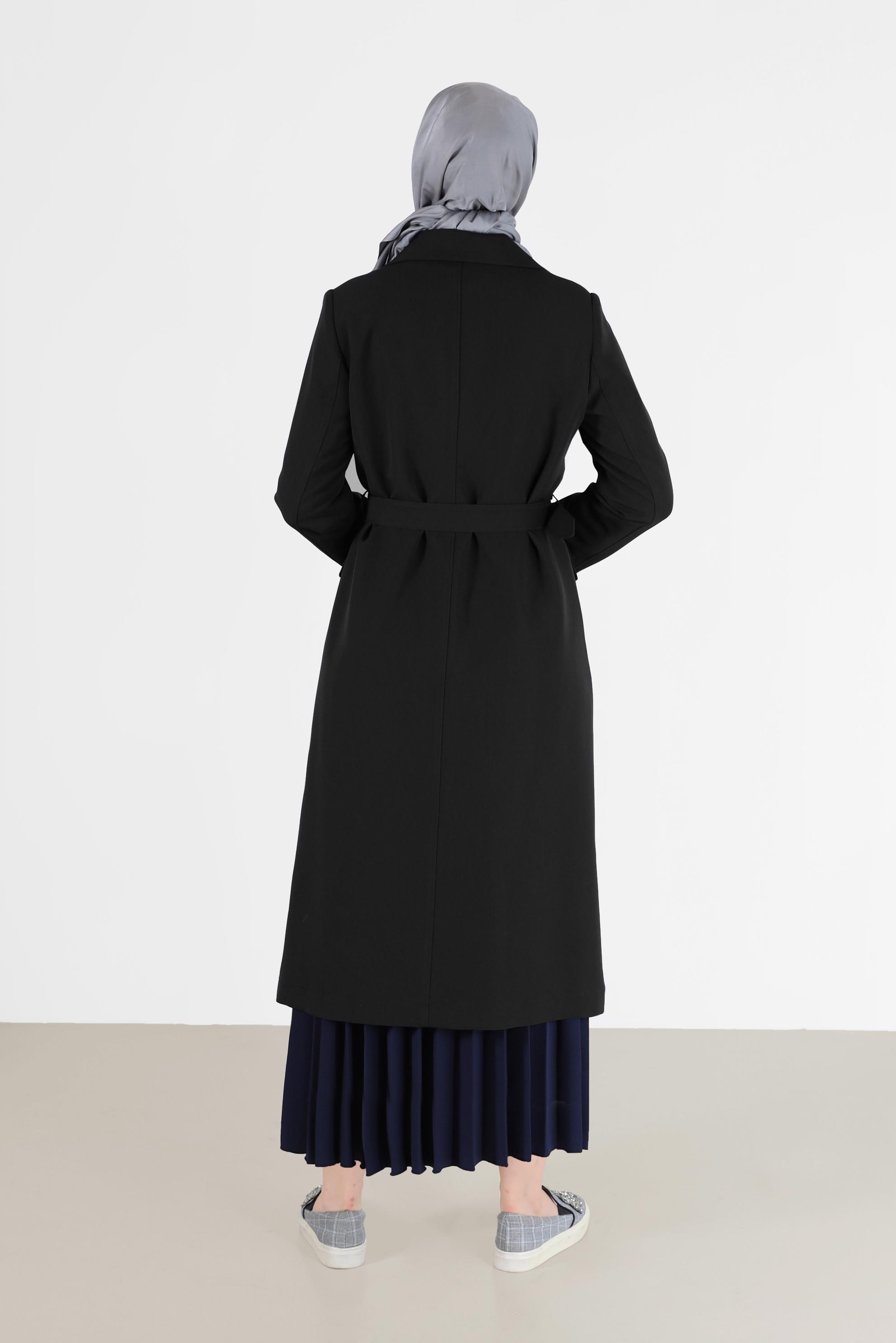 Tesettür giyim SİYAH KRUVAZE YAKA KUŞAKLI TRENÇKOT 10468
