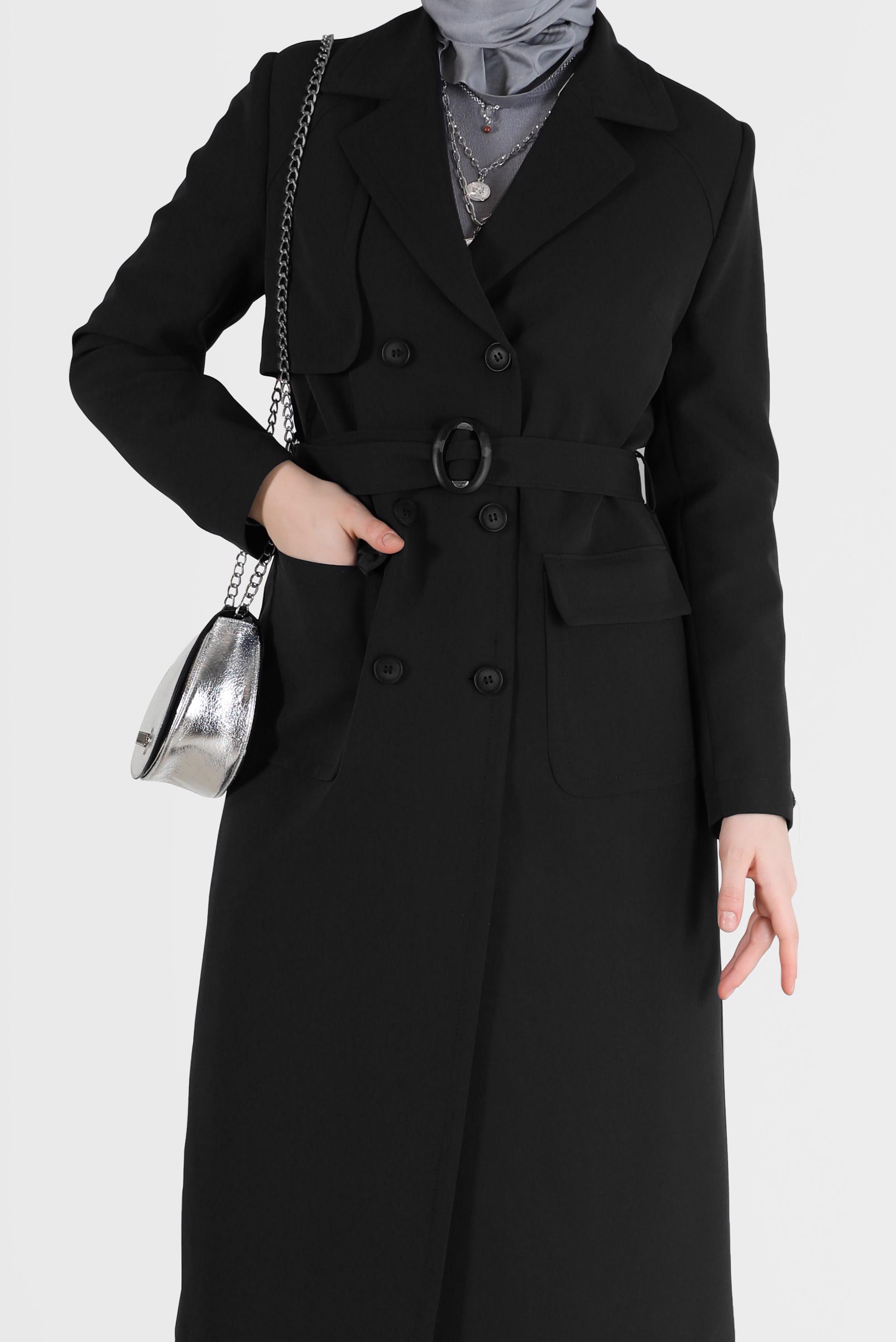 Tesettür giyim SİYAH KRUVAZE YAKA KUŞAKLI TRENÇKOT 10468