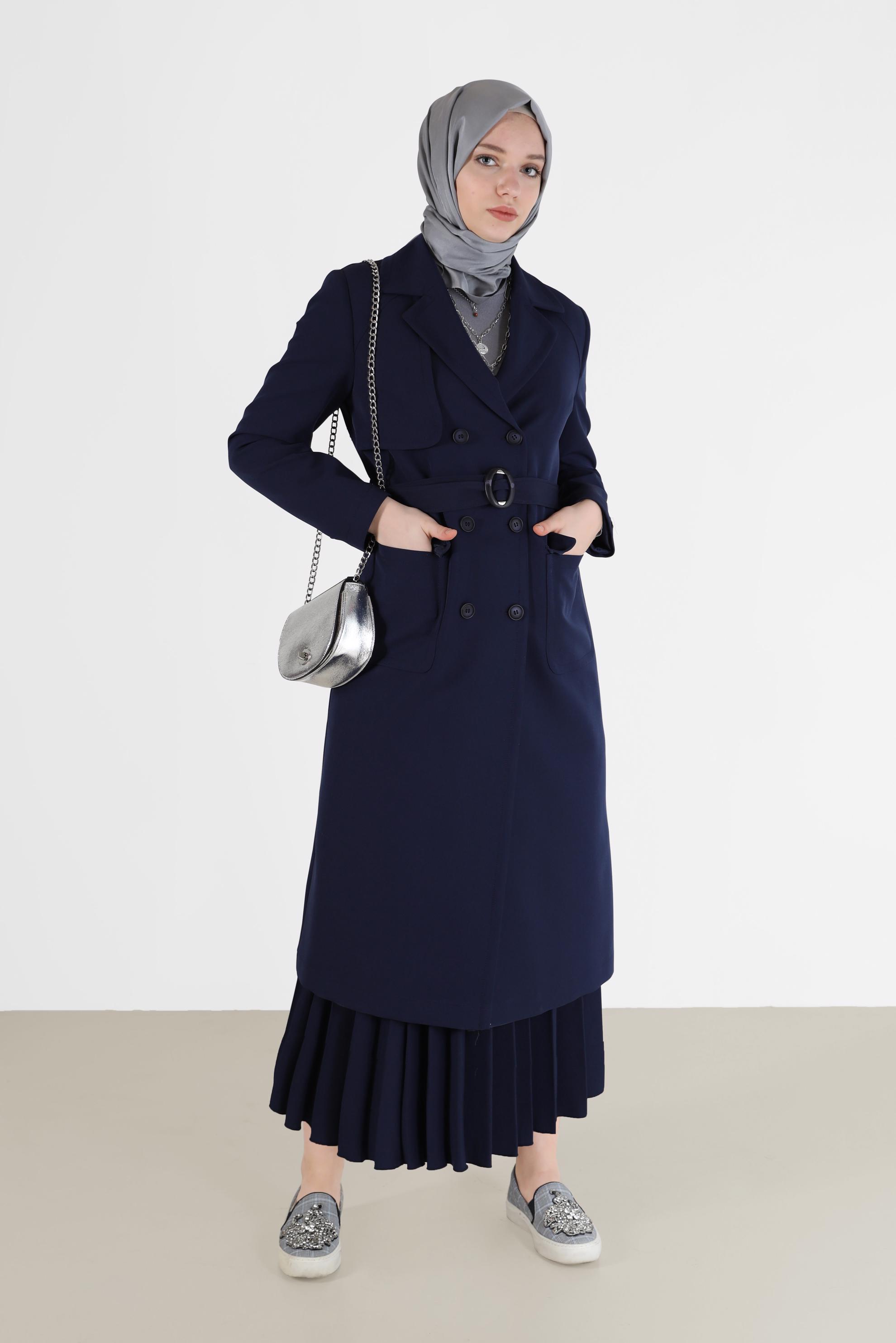Vêtements hijab BLEU MARINE TRENCH-COAT DOUBLE BOUTONNAGE À CEINTURE 10468