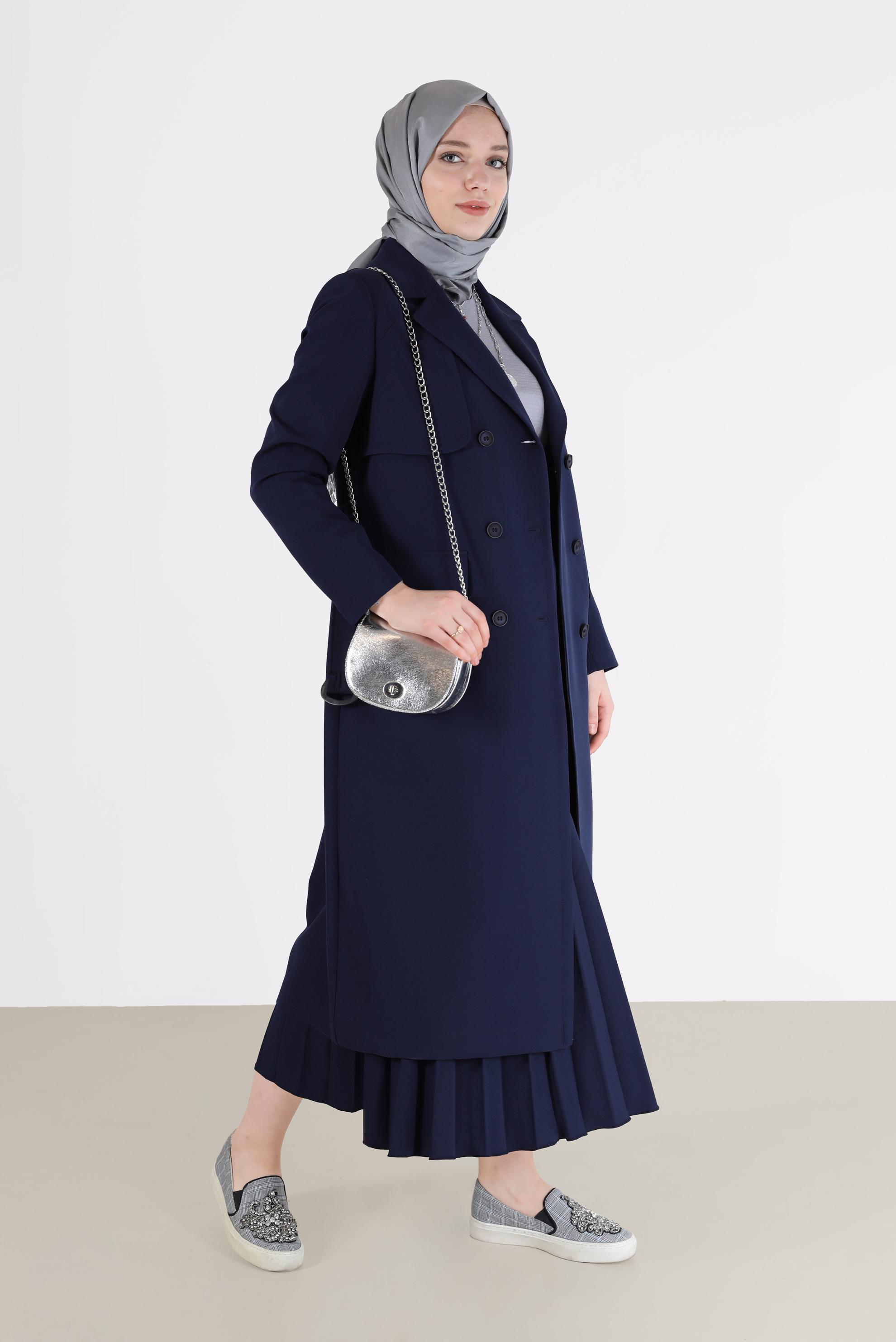 Vêtements hijab BLEU MARINE TRENCH-COAT DOUBLE BOUTONNAGE À CEINTURE 10468