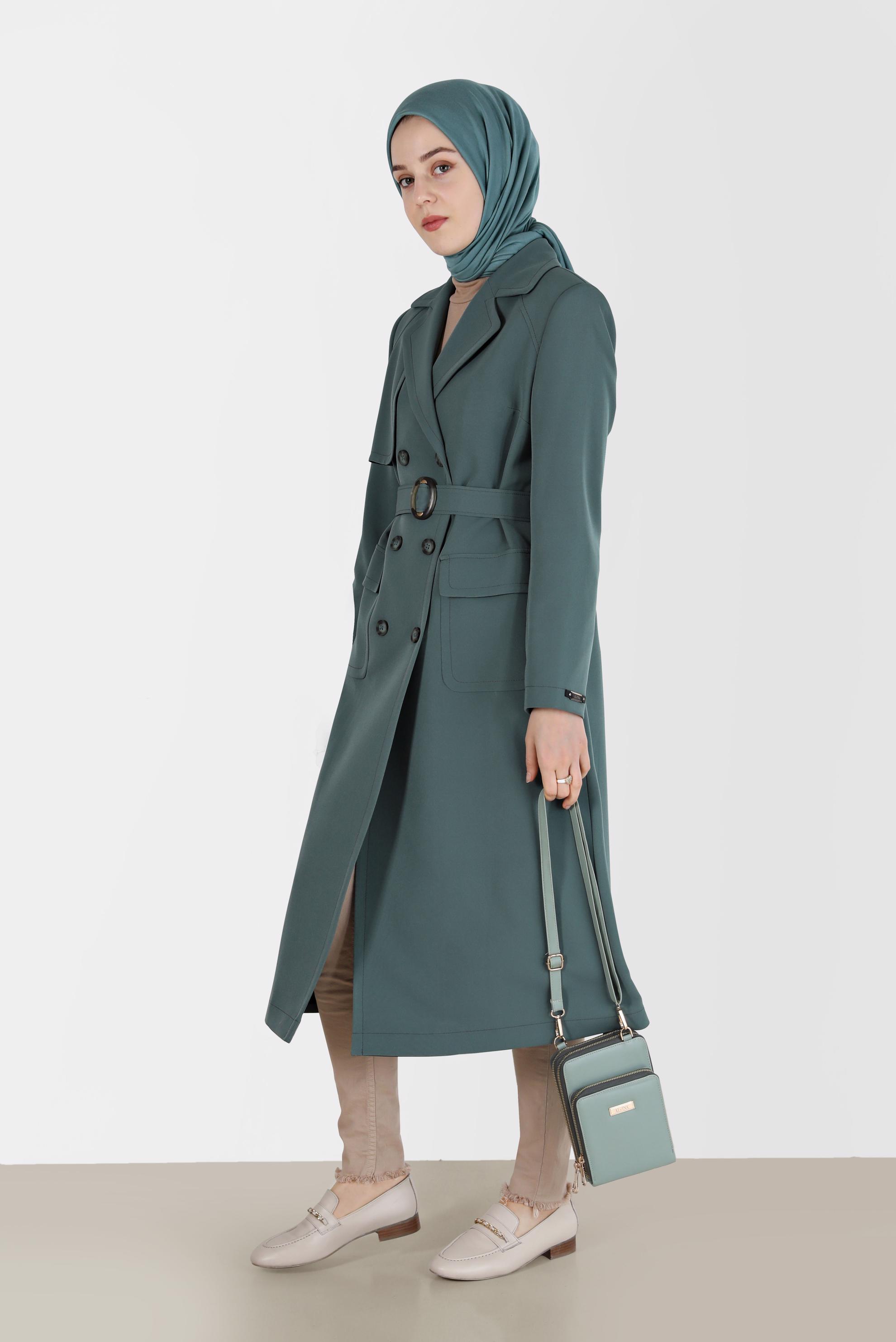 Vêtements hijab VERT TRENCH-COAT DOUBLE BOUTONNAGE À CEINTURE 10468