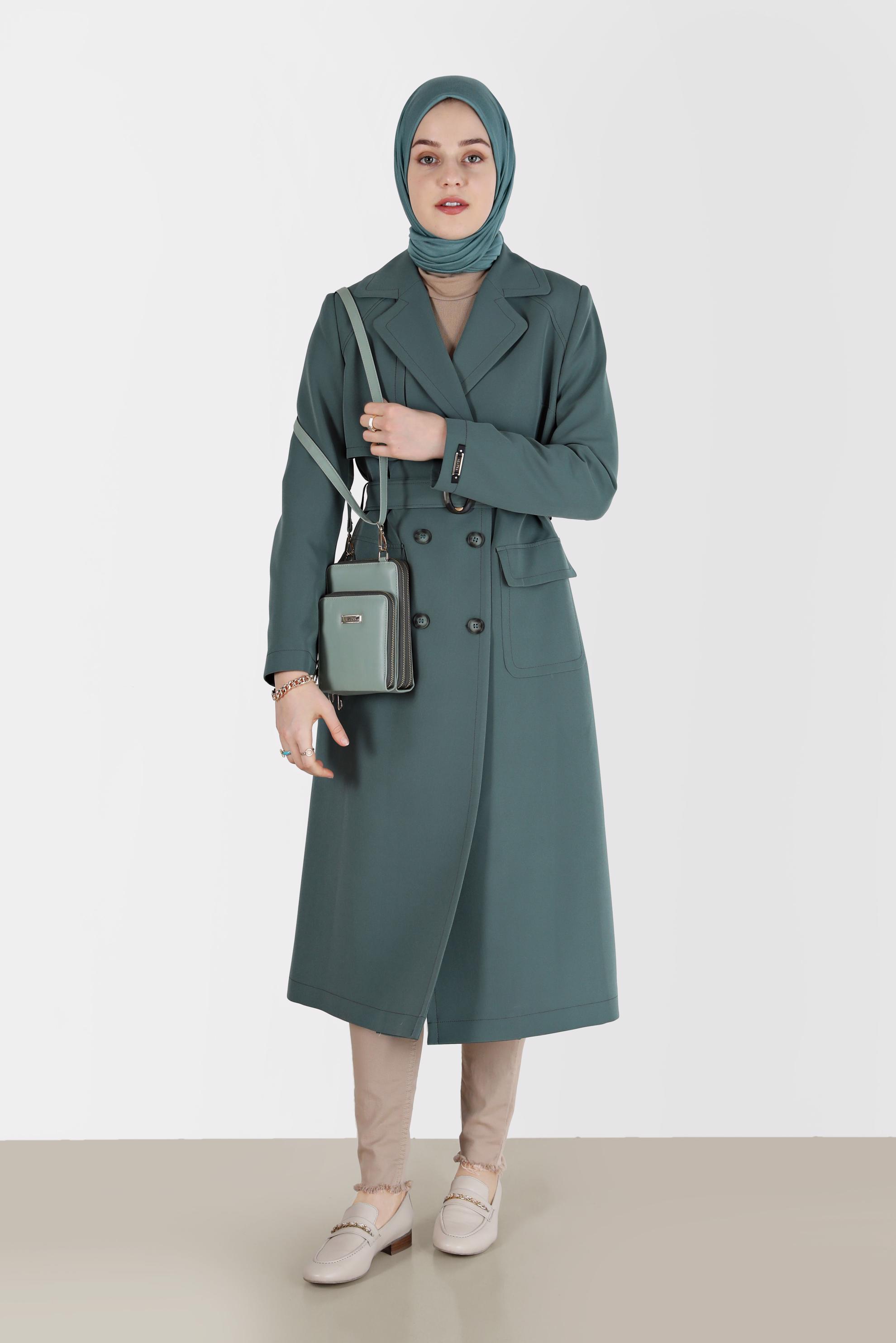 Vêtements hijab VERT TRENCH-COAT DOUBLE BOUTONNAGE À CEINTURE 10468
