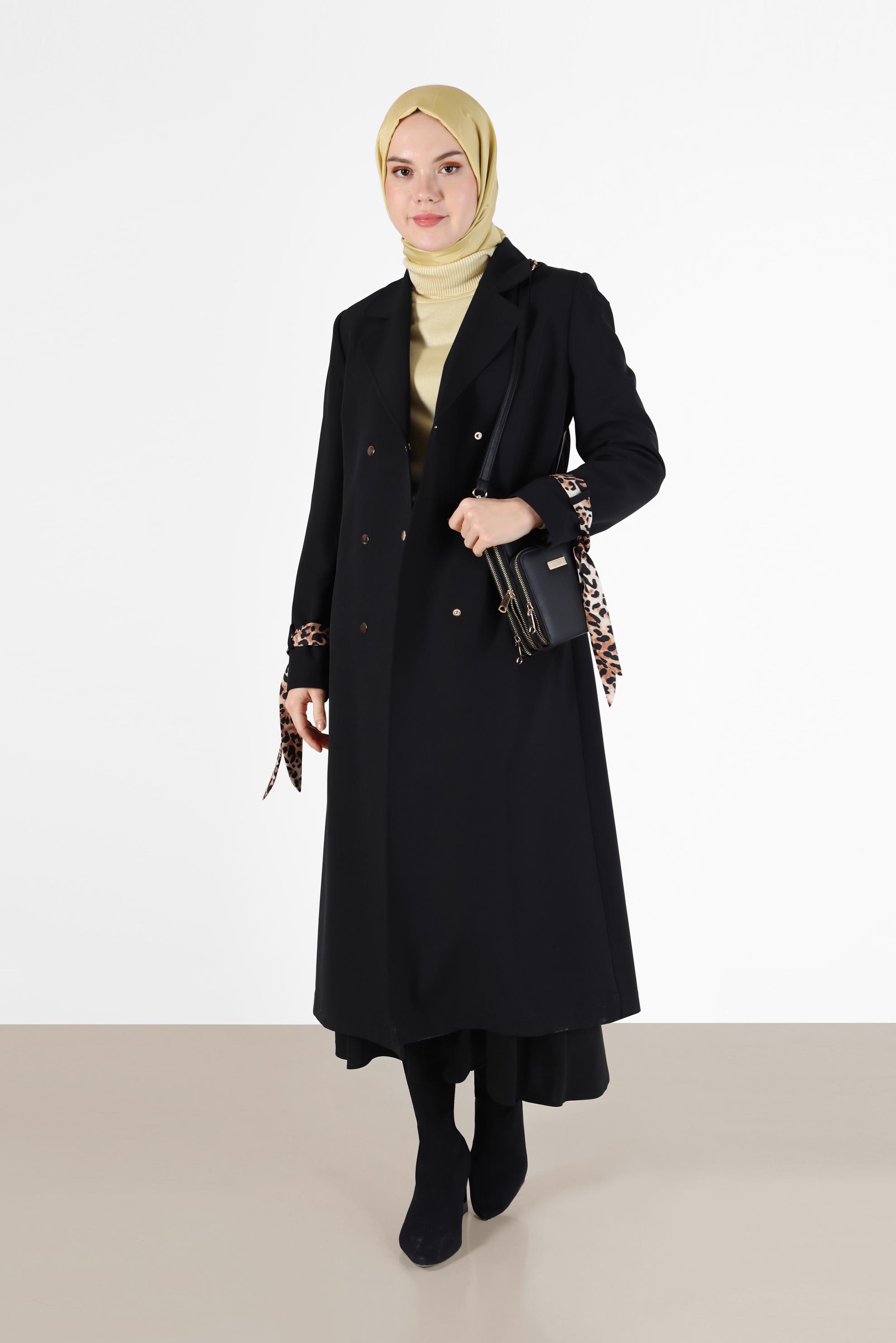 Tesettür giyim SİYAH LEOPAR DESEN DETAYLI KLASİK YAKA TRENÇKOT 10477 