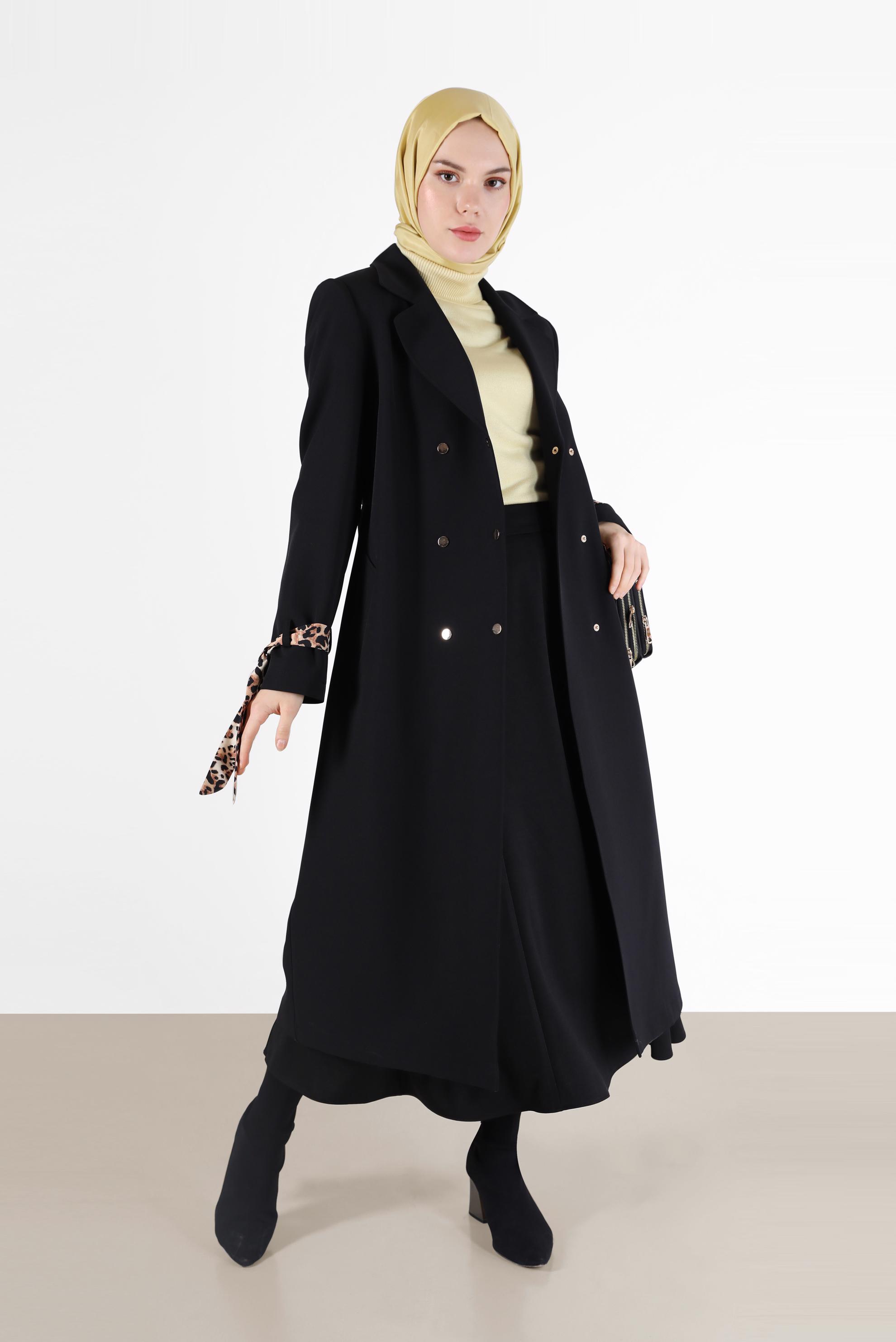Tesettür giyim SİYAH LEOPAR DESEN DETAYLI KLASİK YAKA TRENÇKOT 10477 