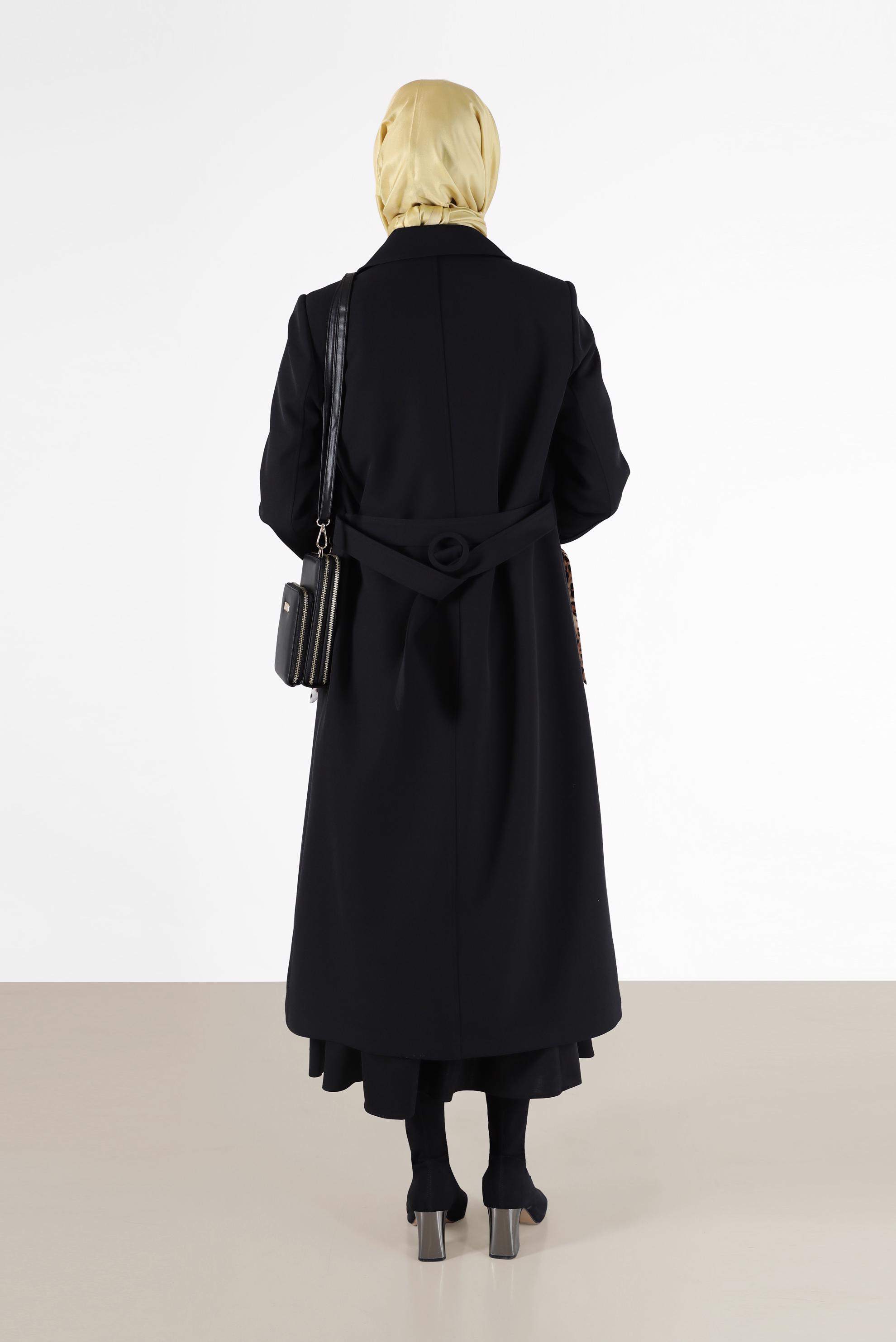 Tesettür giyim SİYAH LEOPAR DESEN DETAYLI KLASİK YAKA TRENÇKOT 10477 