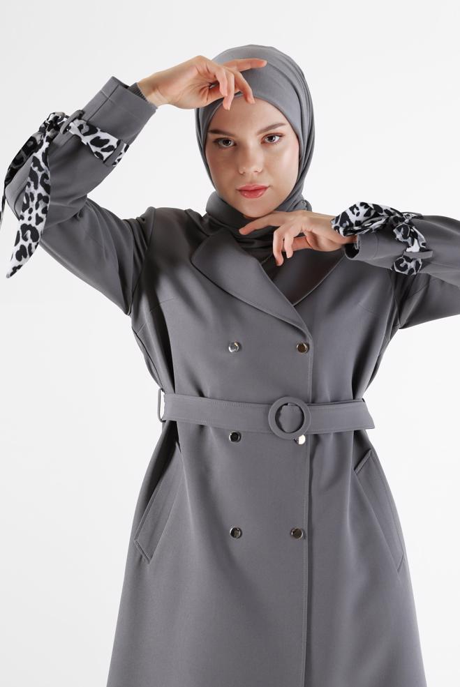 Hijab clothing  LEOPARD PATTERN DETAIL CLASSIC COLLAR TRENCH COAT 10477  - ALVİNA