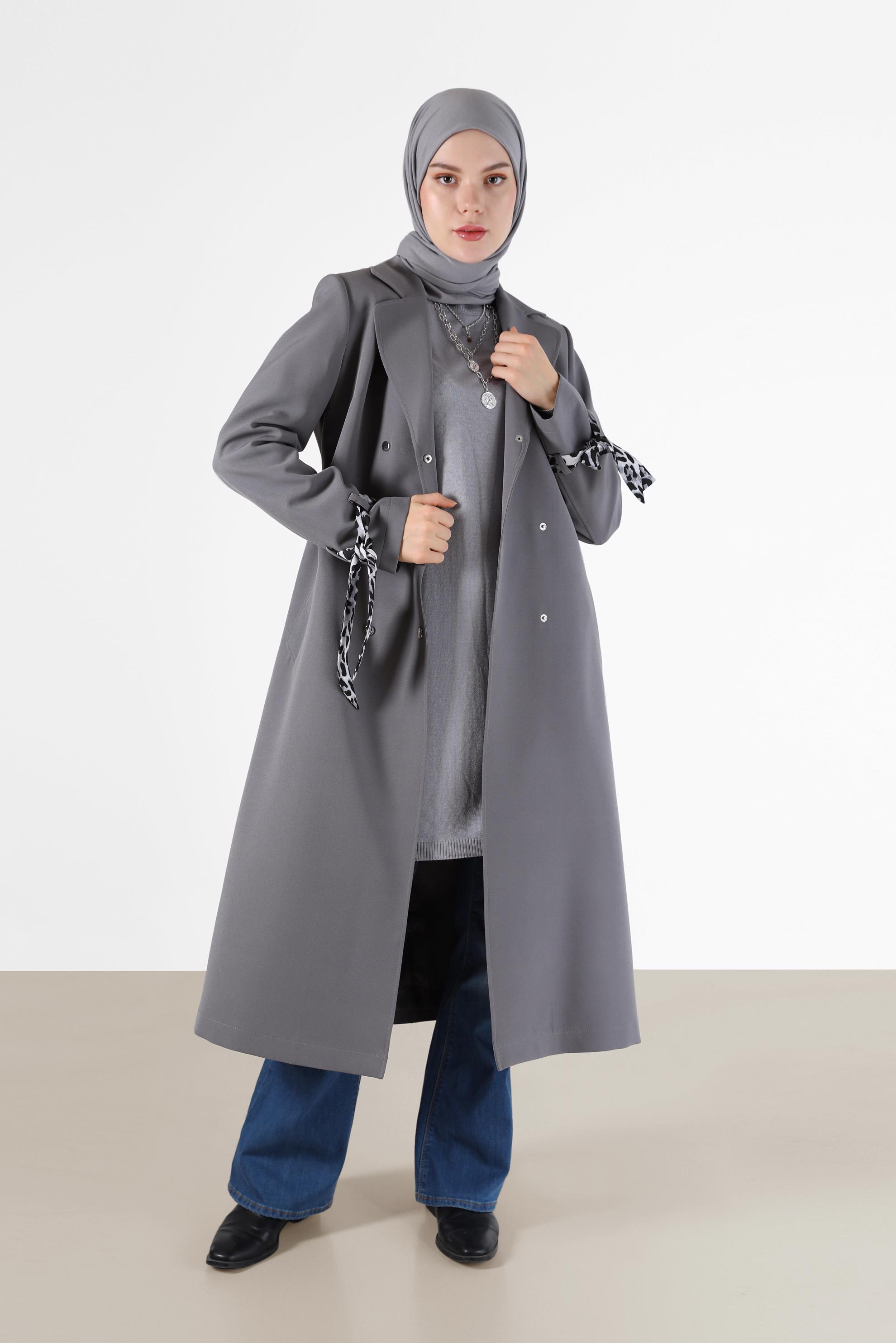 Hijab clothing GREY LEOPARD PATTERN DETAIL CLASSIC COLLAR TRENCH COAT 10477 