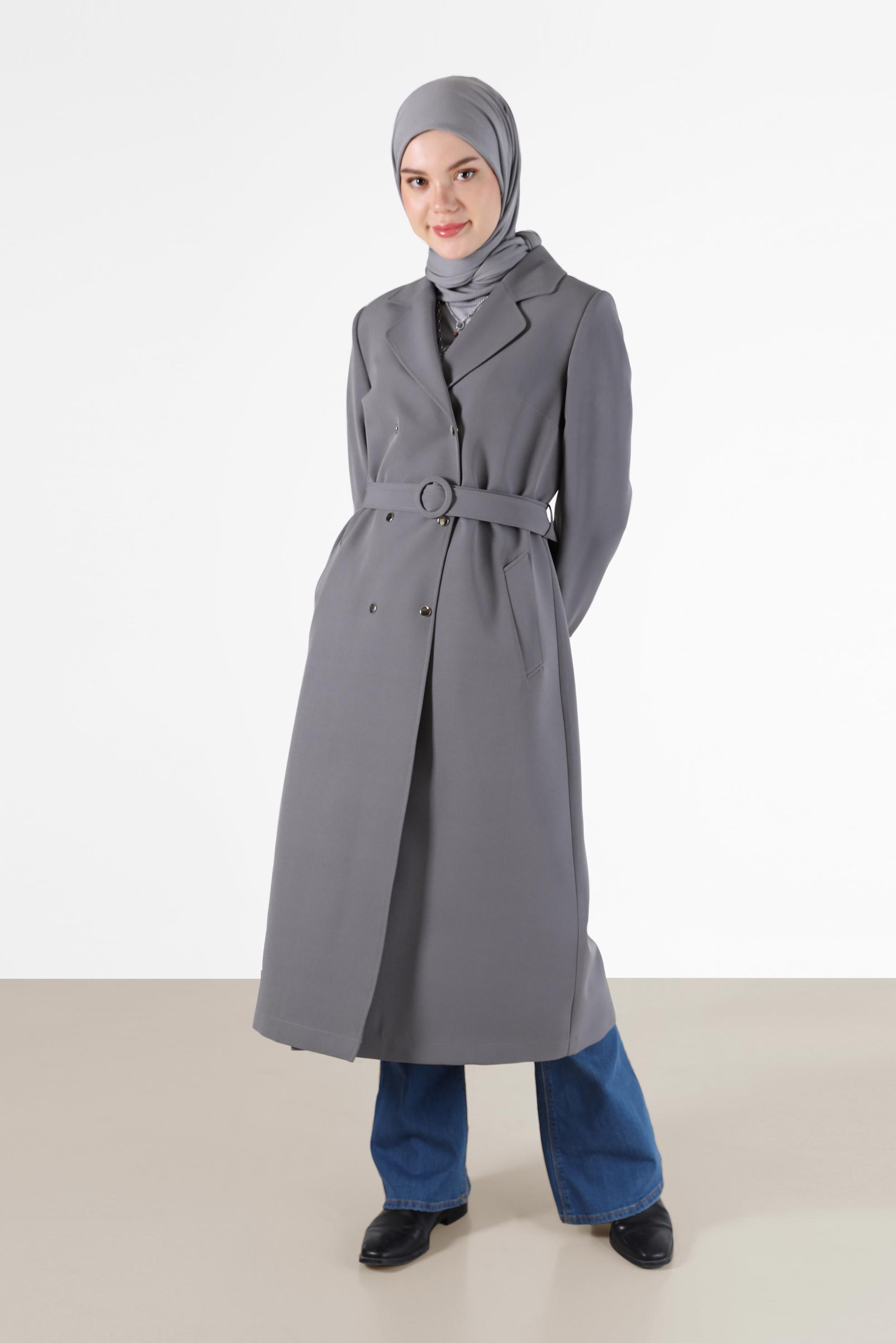 Hijab clothing GREY LEOPARD PATTERN DETAIL CLASSIC COLLAR TRENCH COAT 10477 