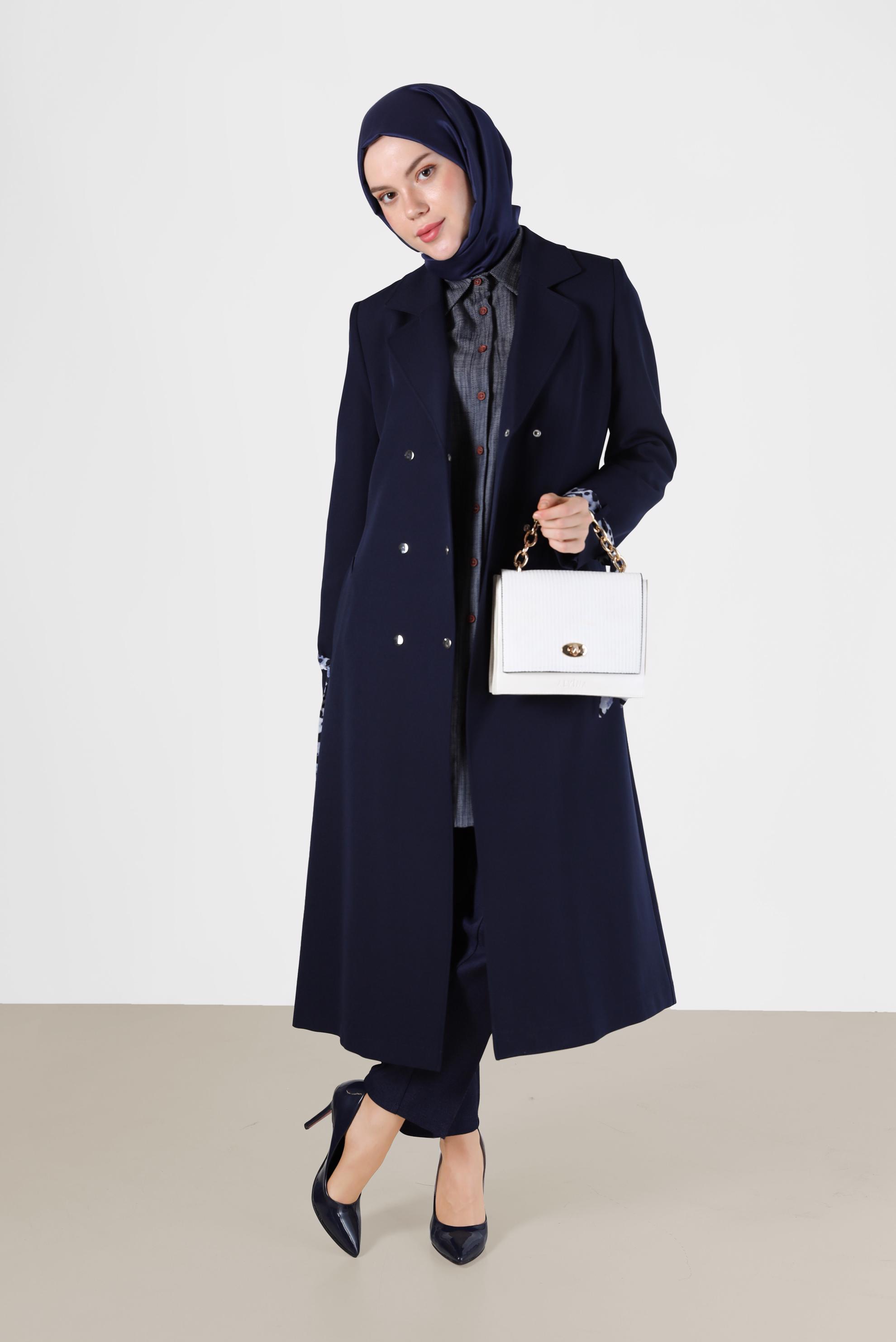 Vêtements hijab BLEU MARINE TRENCH-COAT À COL CLASSIQUE DÉTAIL LÉOPARD 10477