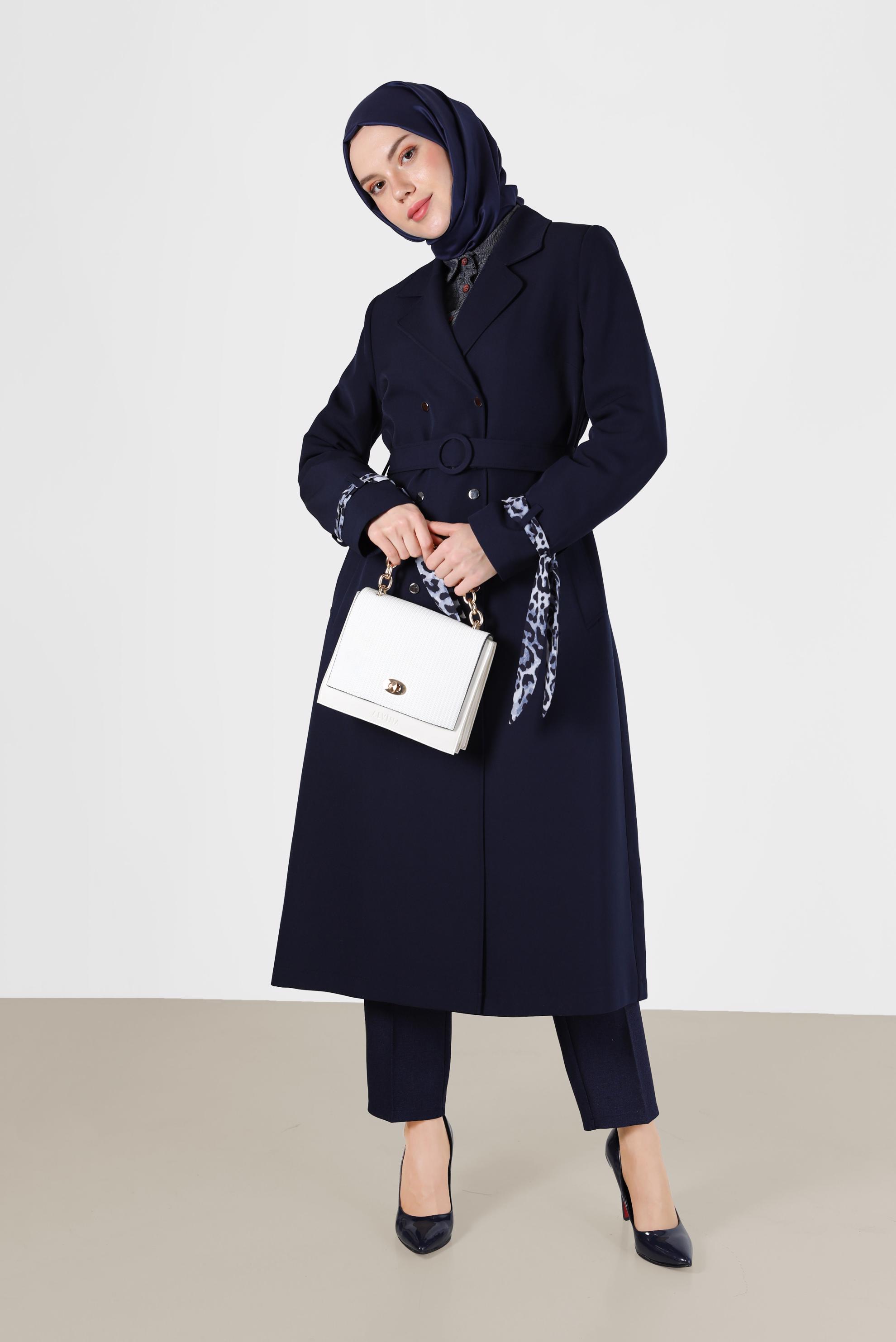Vêtements hijab BLEU MARINE TRENCH-COAT À COL CLASSIQUE DÉTAIL LÉOPARD 10477