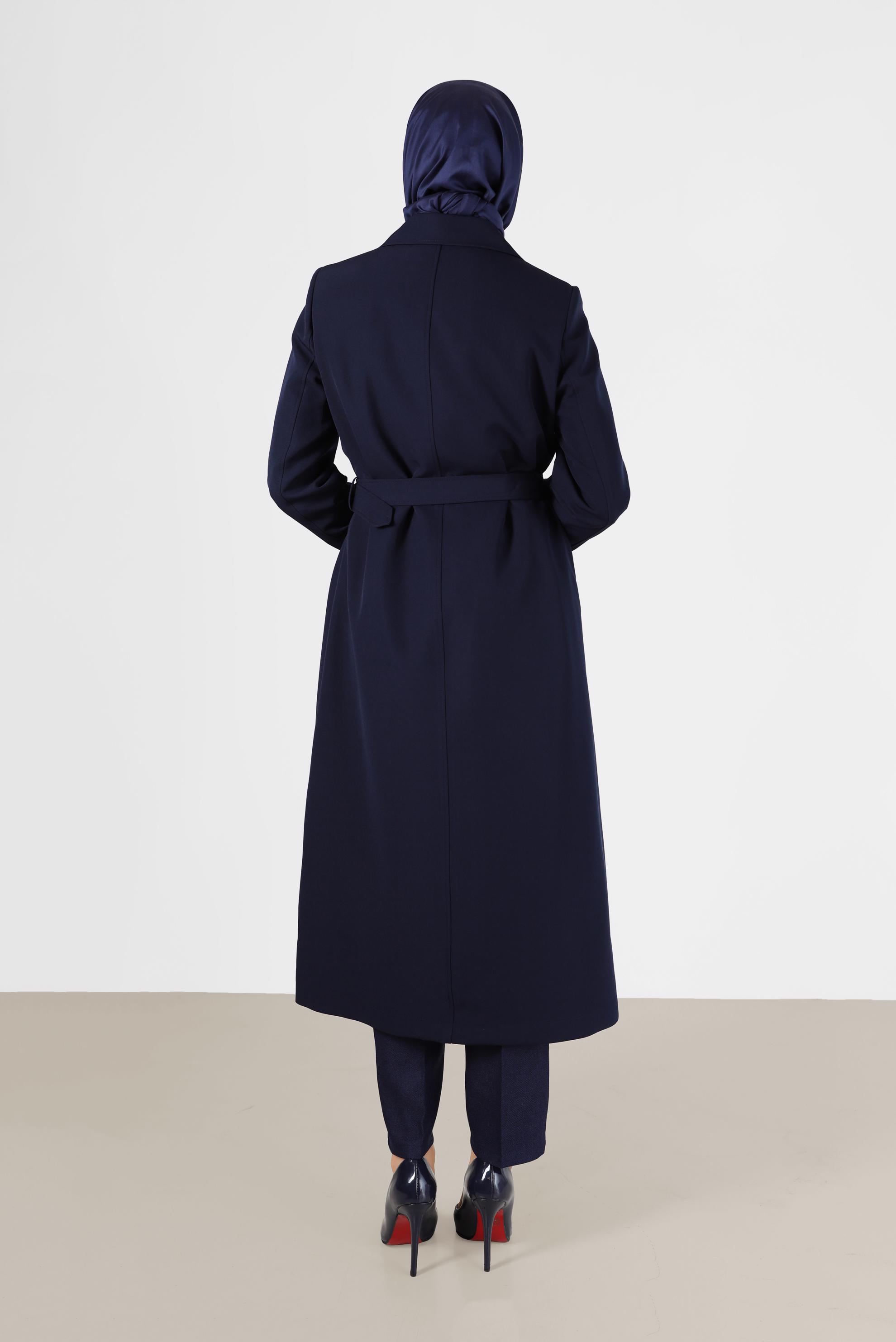 Vêtements hijab BLEU MARINE TRENCH-COAT À COL CLASSIQUE DÉTAIL LÉOPARD 10477