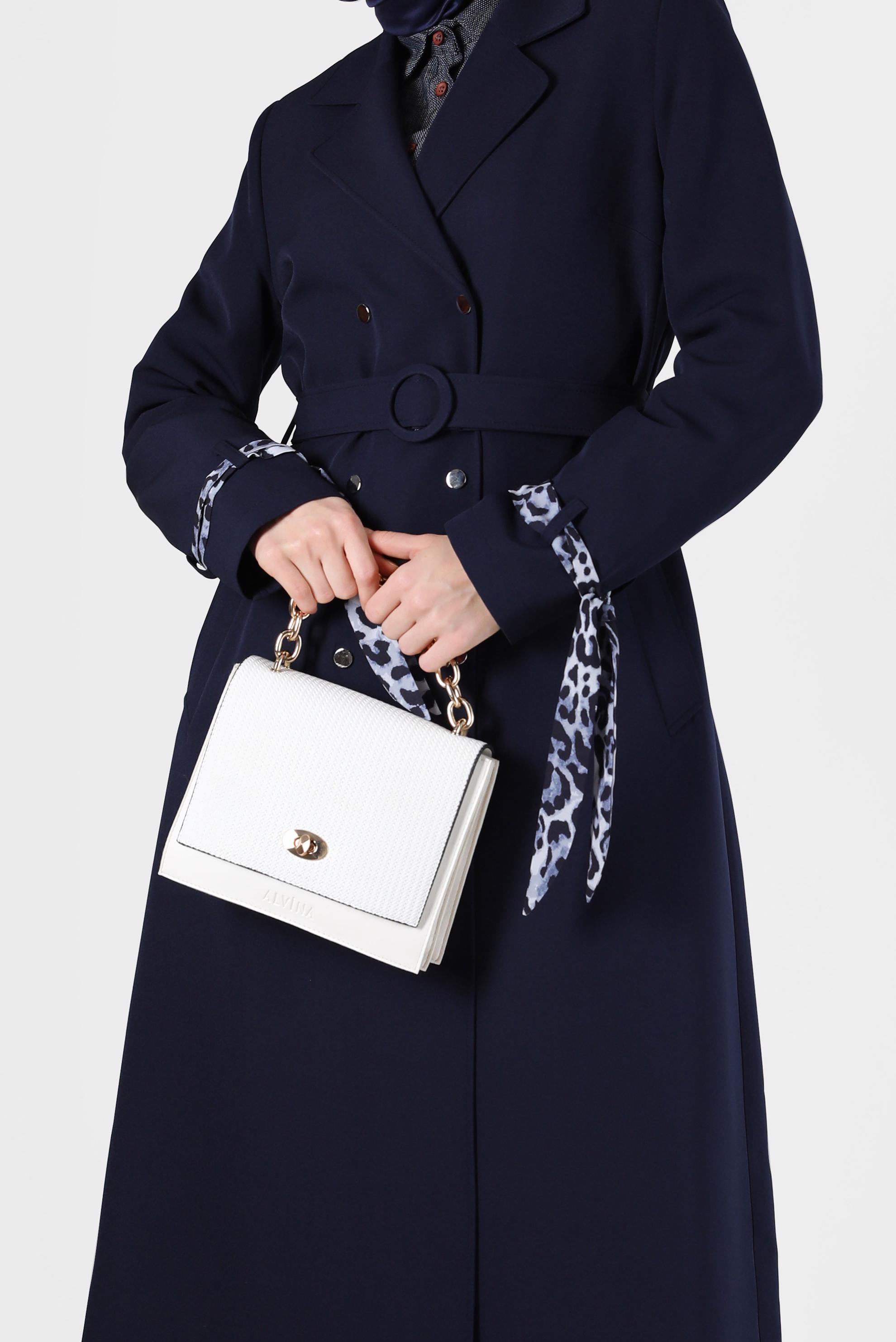 Vêtements hijab BLEU MARINE TRENCH-COAT À COL CLASSIQUE DÉTAIL LÉOPARD 10477