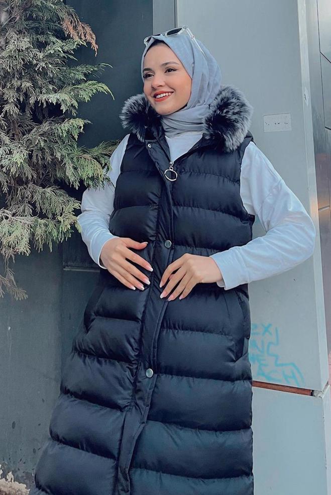 Vêtements hijab  VESTE REMBOURRÉE À CAPUCHE FOURRURE AVEC POCHE 42478 - ALVİNA