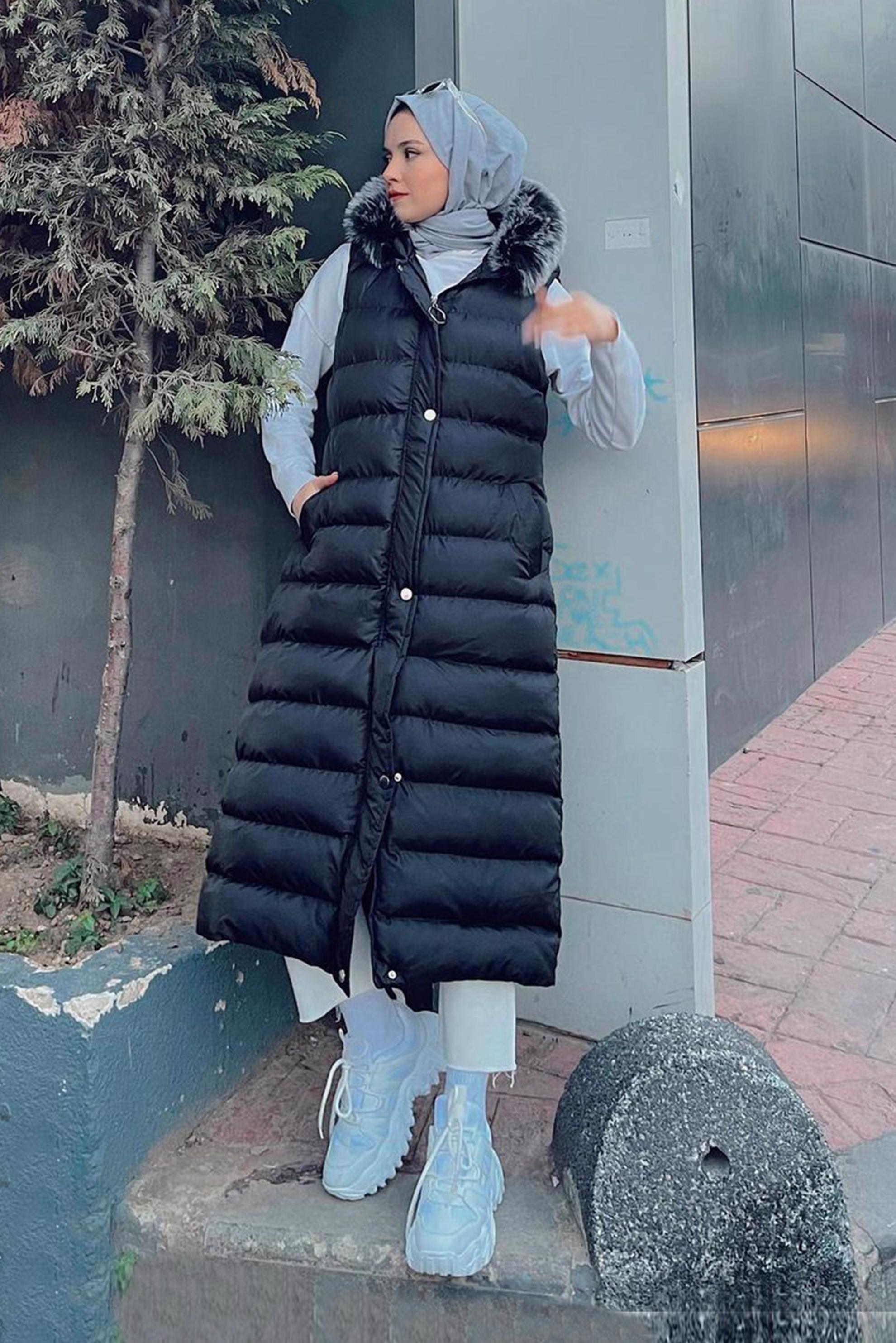 Vêtements hijab NOIR VESTE REMBOURRÉE À CAPUCHE FOURRURE AVEC POCHE 42478