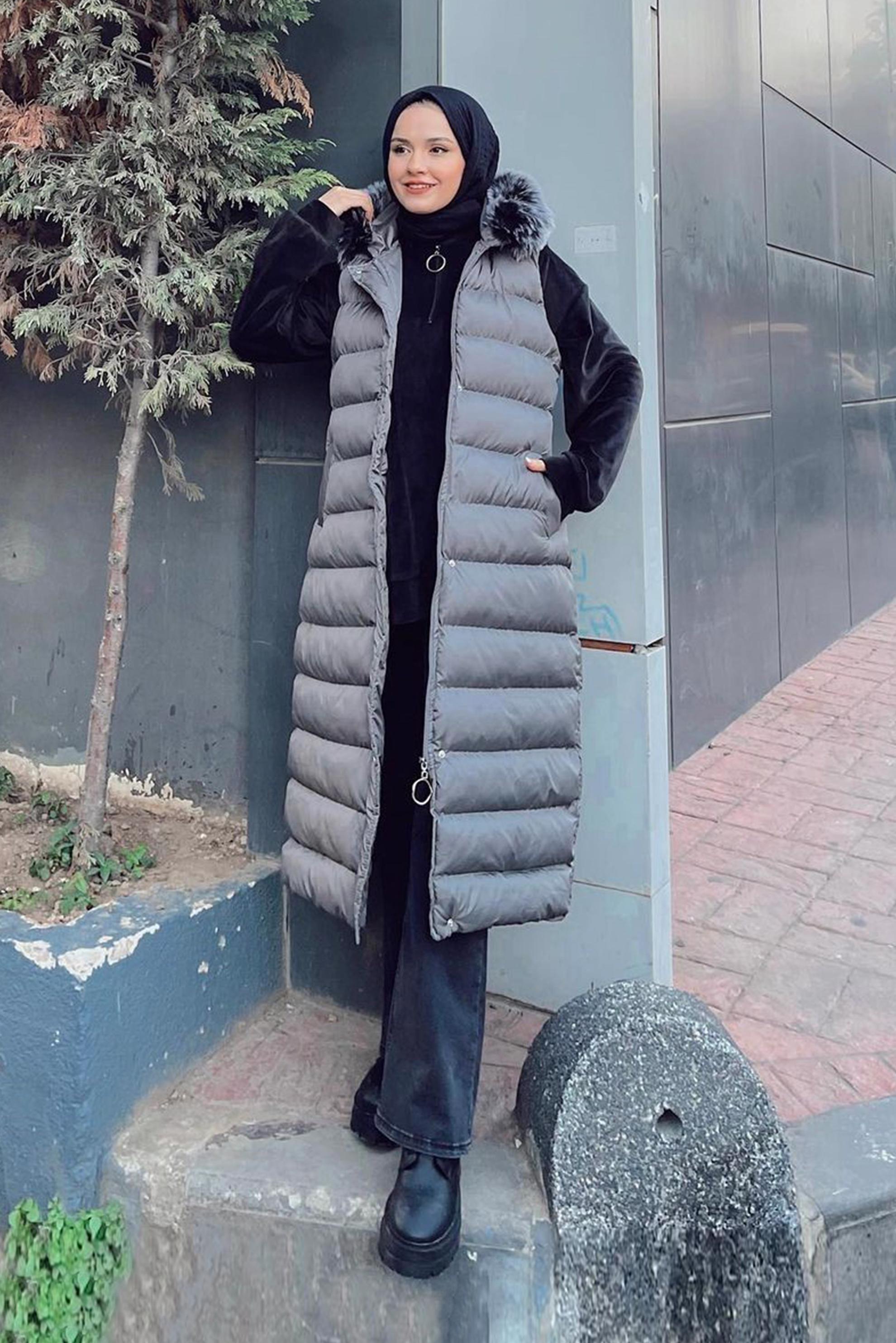 Vêtements hijab GRIS VESTE REMBOURRÉE À CAPUCHE FOURRURE AVEC POCHE 42478