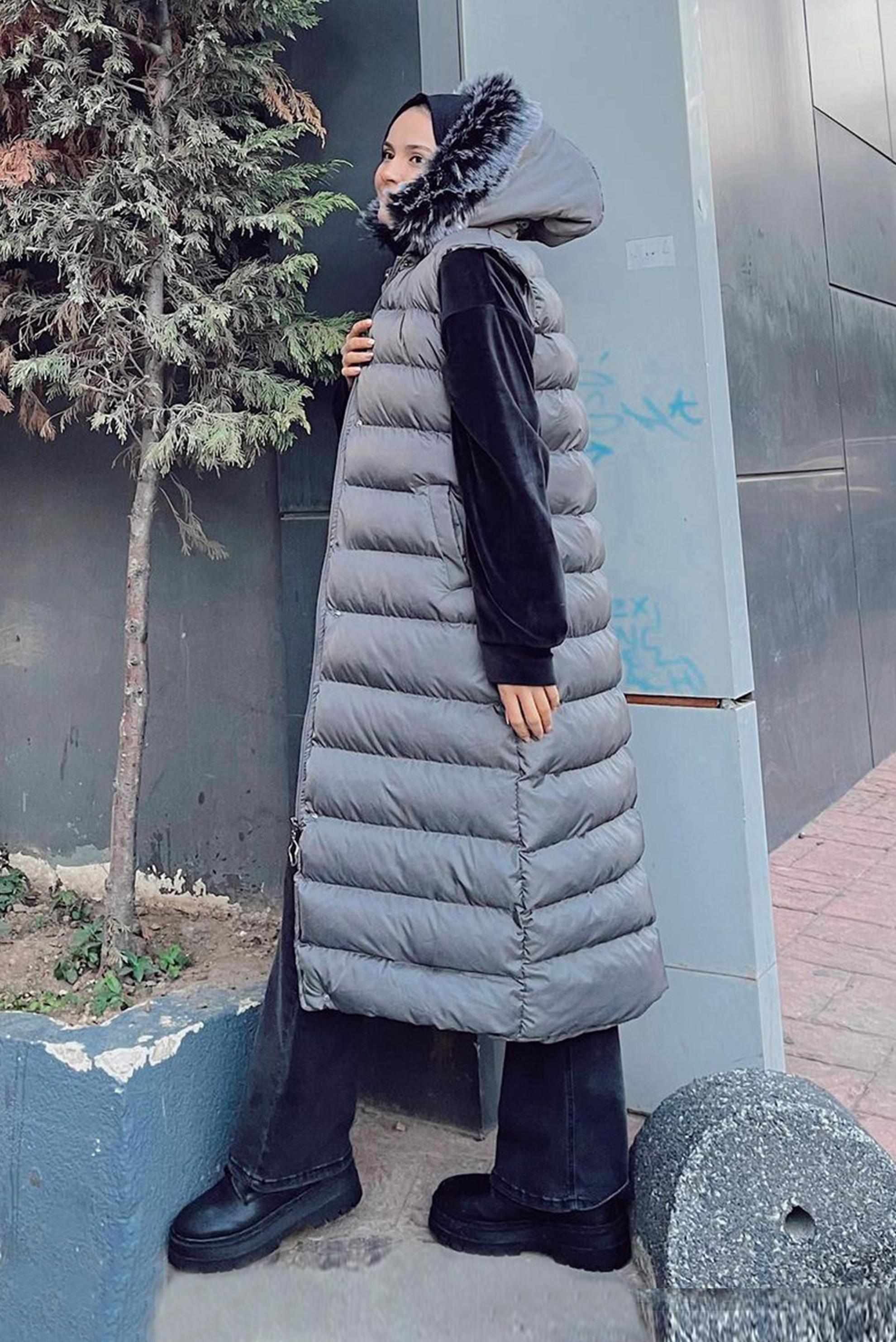 Vêtements hijab GRIS VESTE REMBOURRÉE À CAPUCHE FOURRURE AVEC POCHE 42478