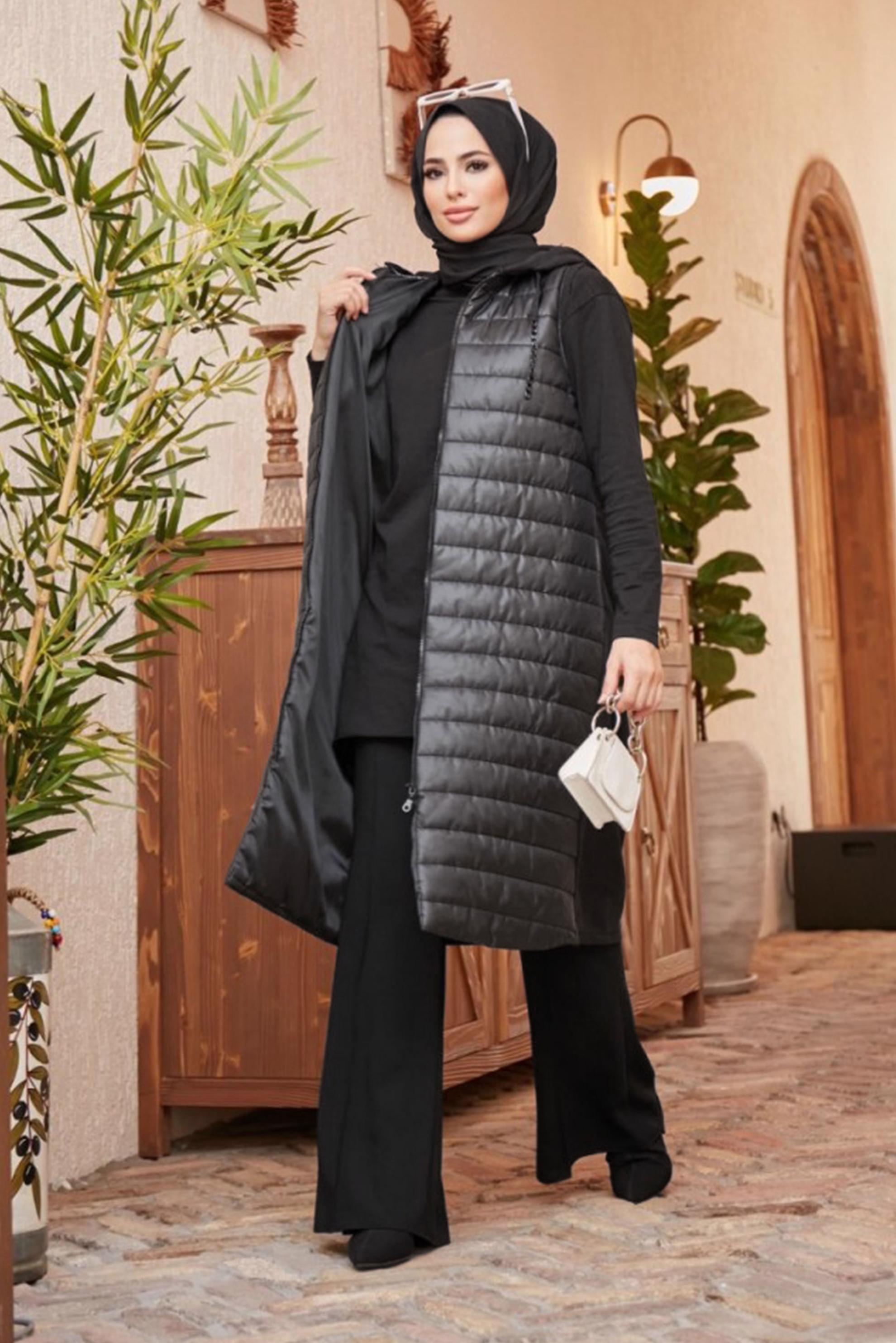 Tesettür giyim SİYAH KAPÜŞONLU FERMUARLI ŞİŞME YELEK 42479 
