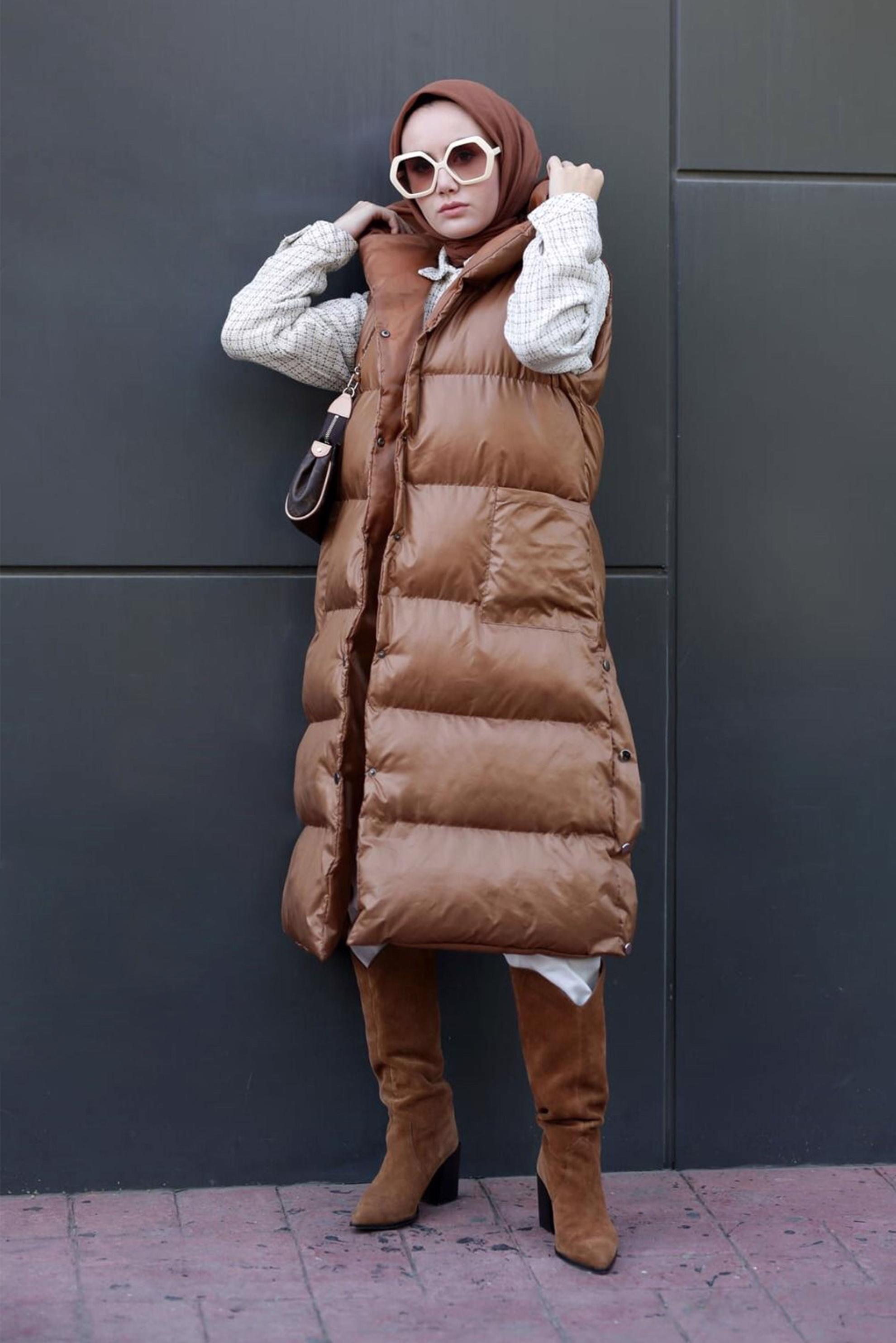 Tesettür giyim TABA CEPLİ ÇITÇITLI ŞİŞME YELEK 42482 