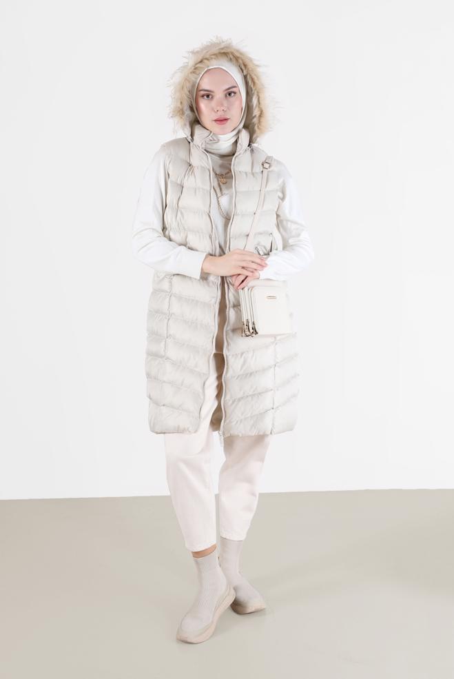 Vêtements hijab  VESTE REMBOURRÉE ZIPPÉE À CAPUCHE FOURRURE AVEC POCHE 42483 - ALVİNA