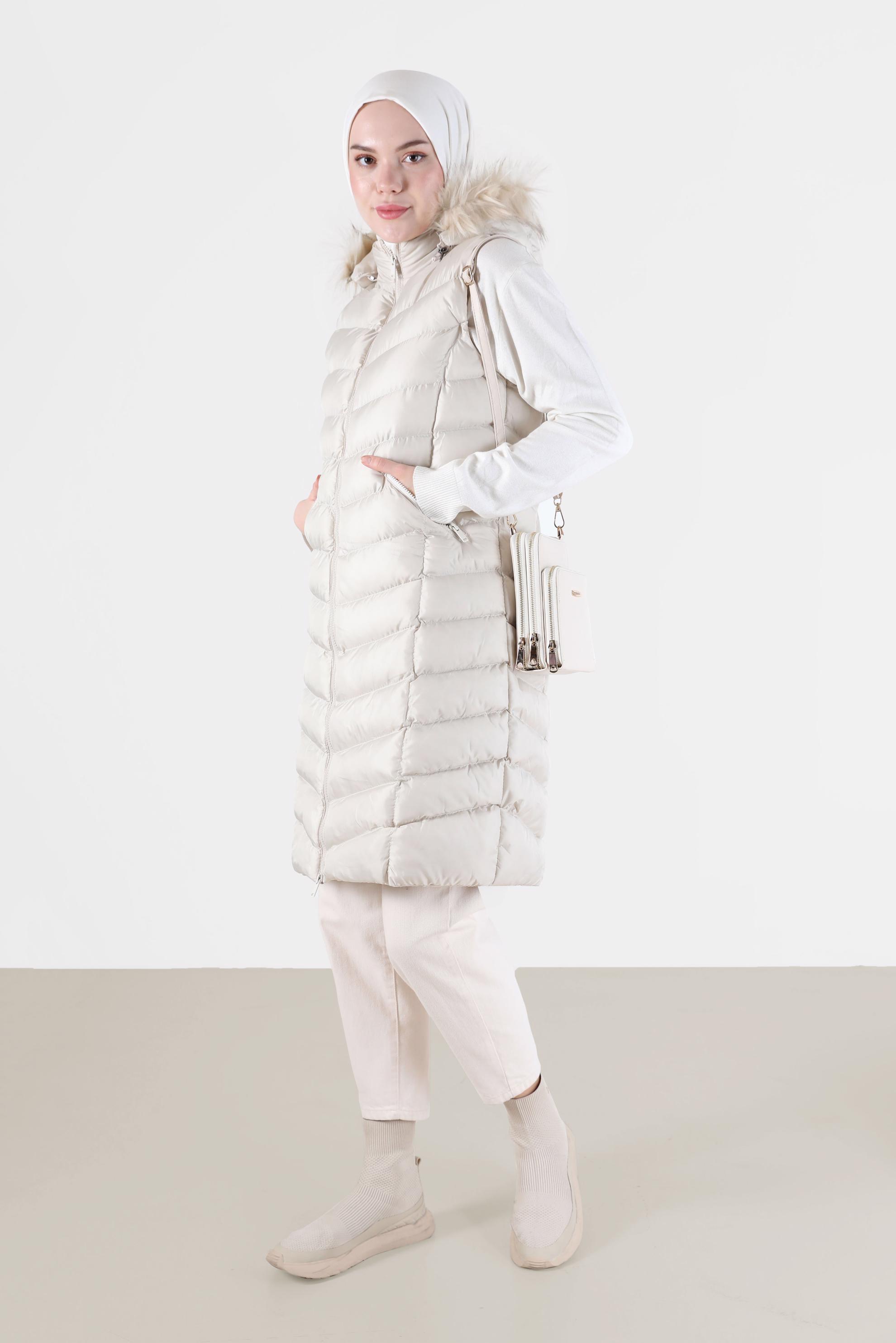 Vêtements hijab BEIGE VESTE REMBOURRÉE ZIPPÉE À CAPUCHE FOURRURE AVEC POCHE 42483