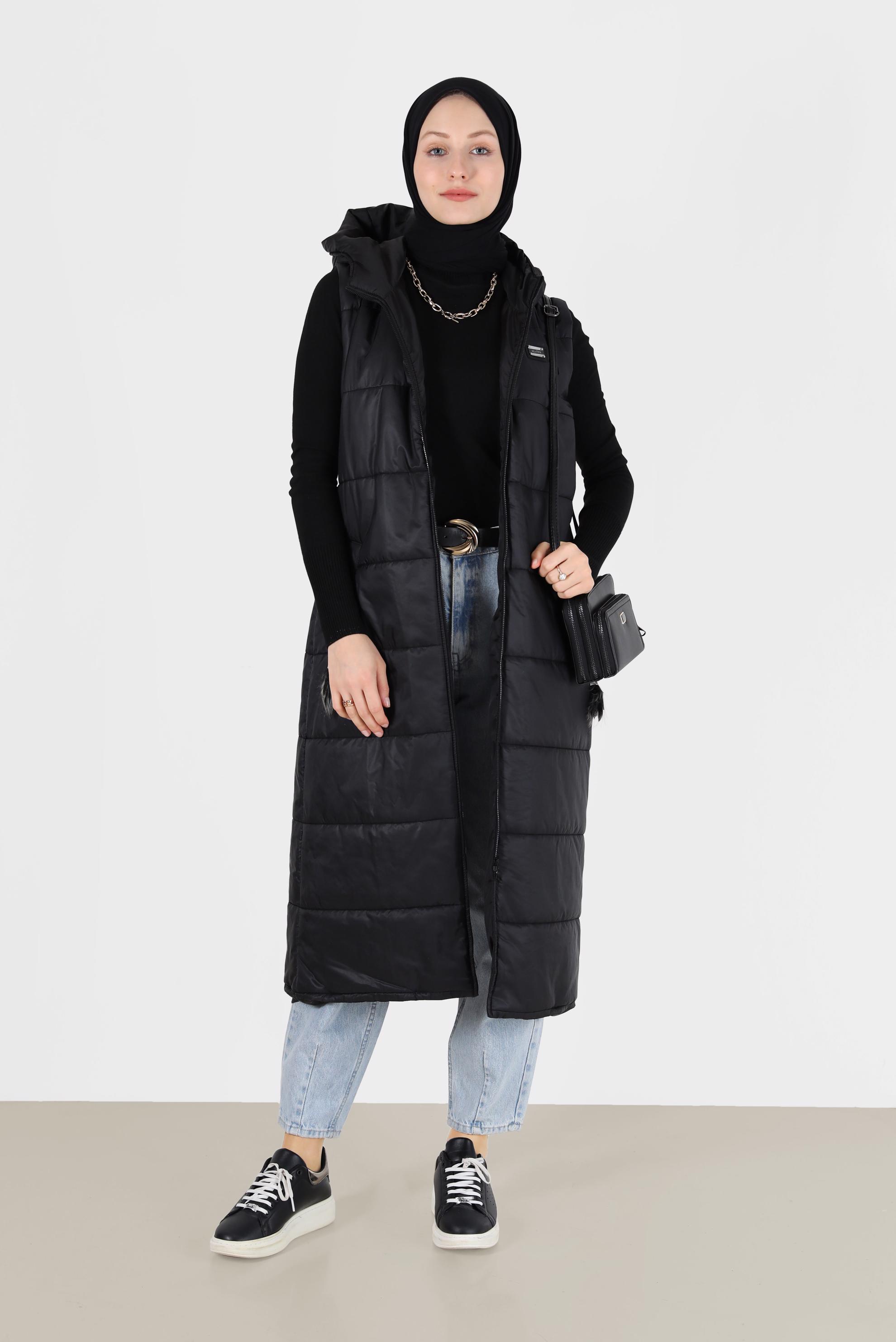 Tesettür giyim SİYAH CEPLİ FERMUARLI ŞİŞME YELEK 90271 