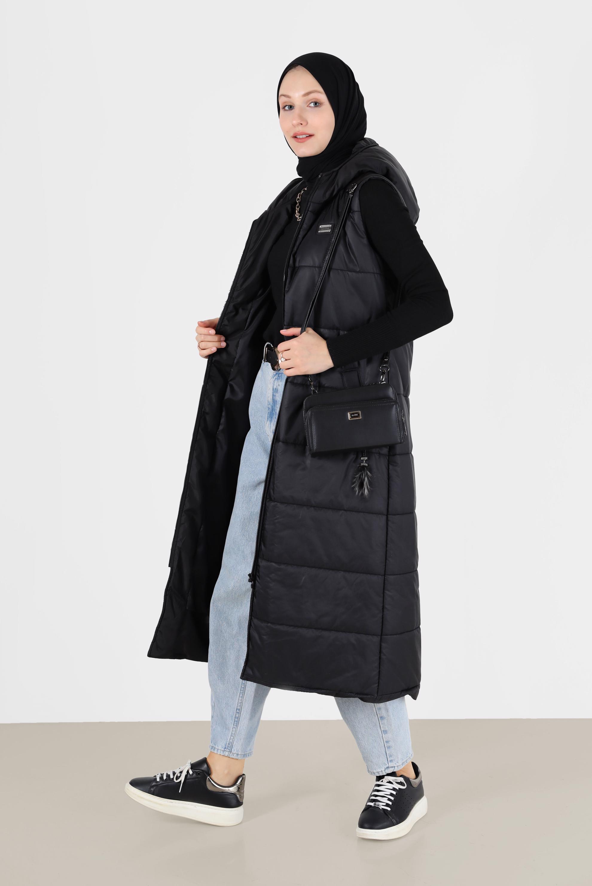 Tesettür giyim SİYAH CEPLİ FERMUARLI ŞİŞME YELEK 90271 