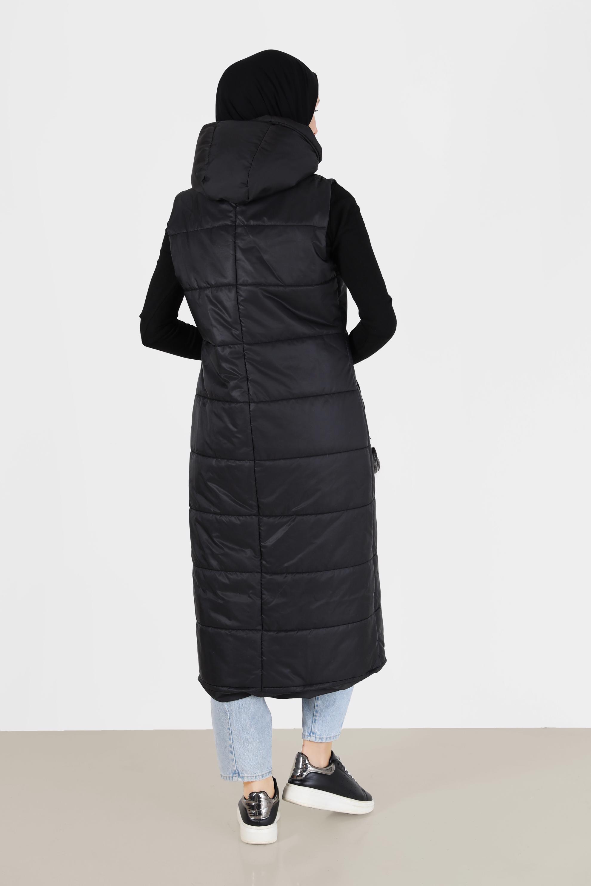 Tesettür giyim SİYAH CEPLİ FERMUARLI ŞİŞME YELEK 90271 