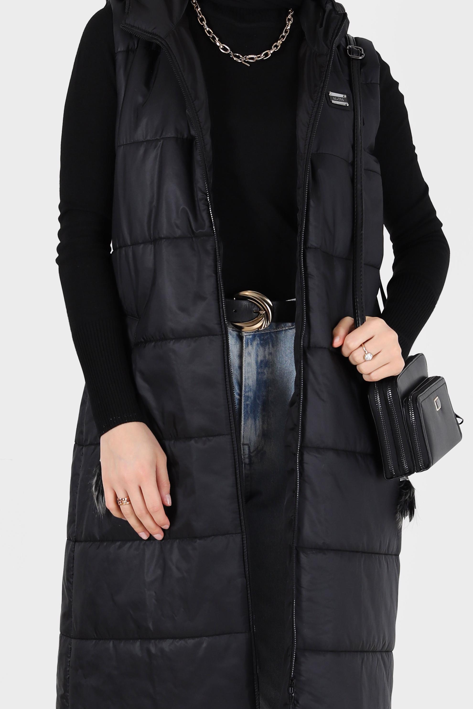 Tesettür giyim SİYAH CEPLİ FERMUARLI ŞİŞME YELEK 90271 