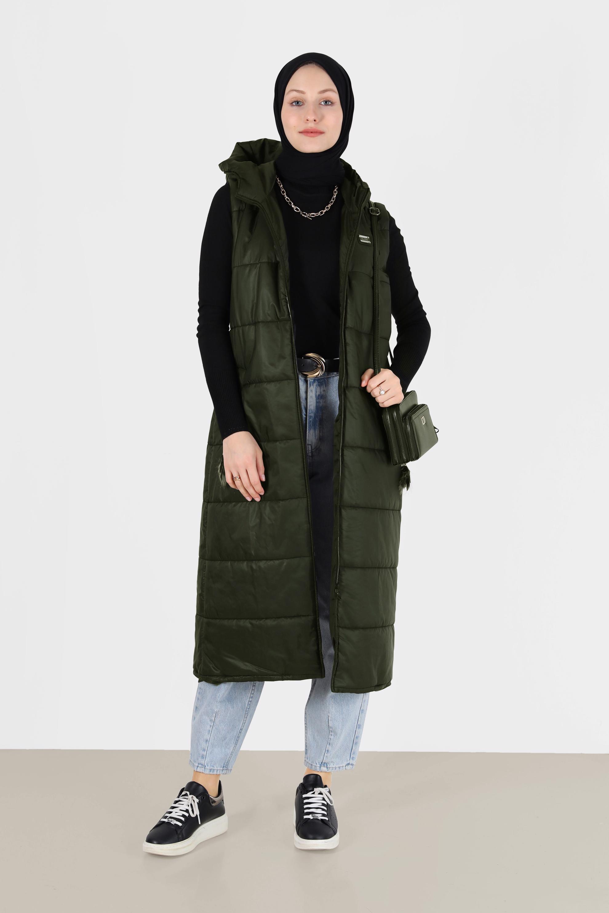 Tesettür giyim HAKİ CEPLİ FERMUARLI ŞİŞME YELEK 90271 