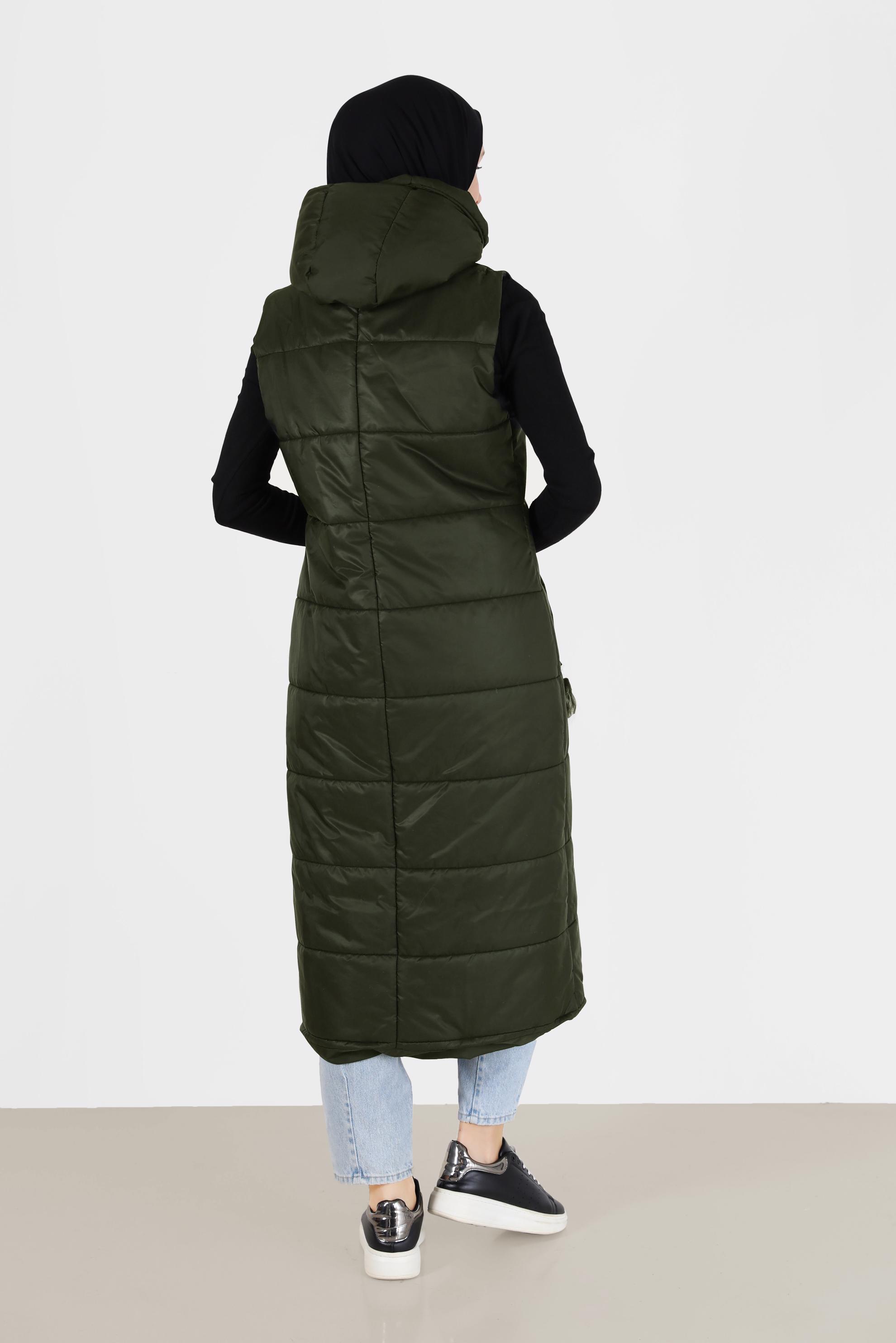 Tesettür giyim HAKİ CEPLİ FERMUARLI ŞİŞME YELEK 90271 