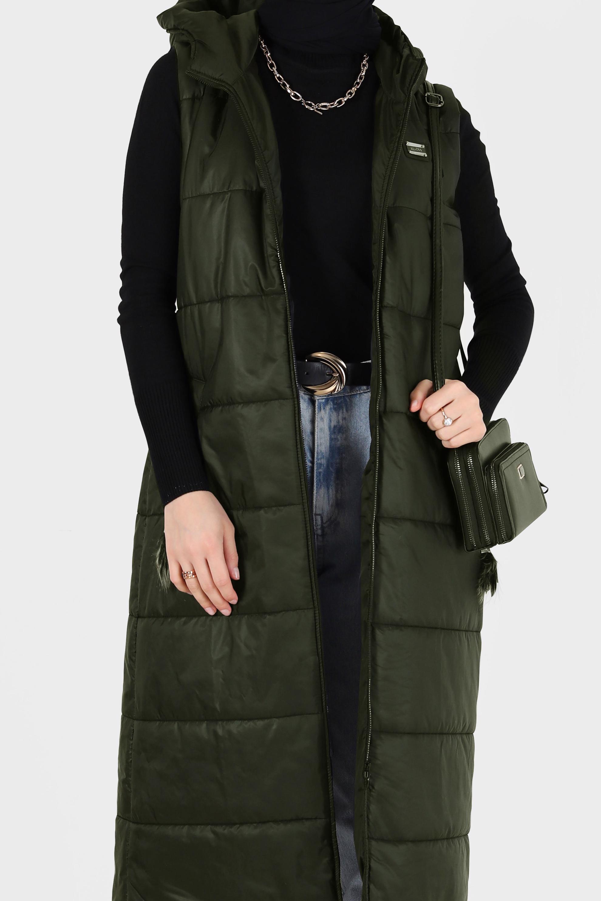 Tesettür giyim HAKİ CEPLİ FERMUARLI ŞİŞME YELEK 90271 