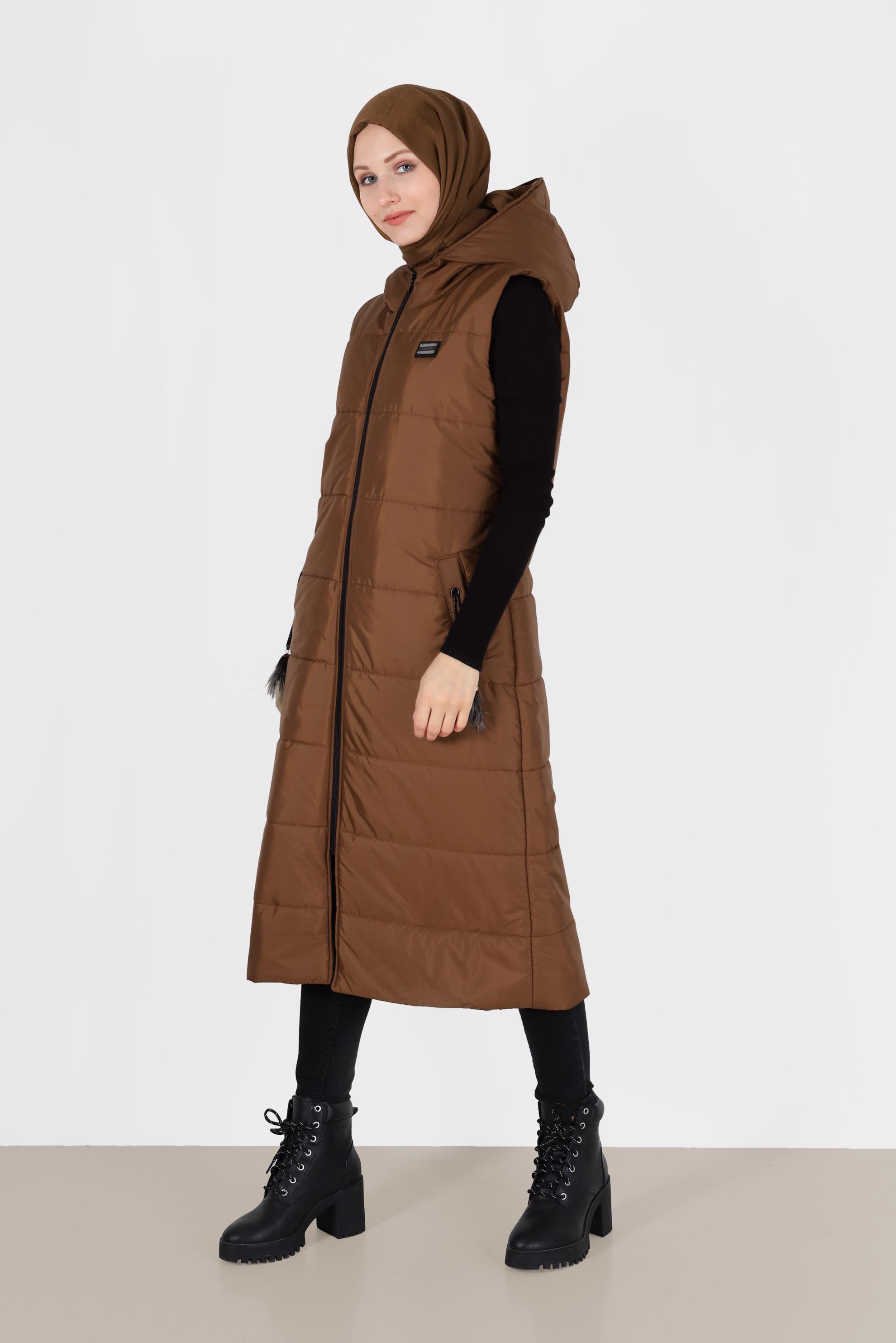 Tesettür giyim TABA CEPLİ FERMUARLI ŞİŞME YELEK 90271 