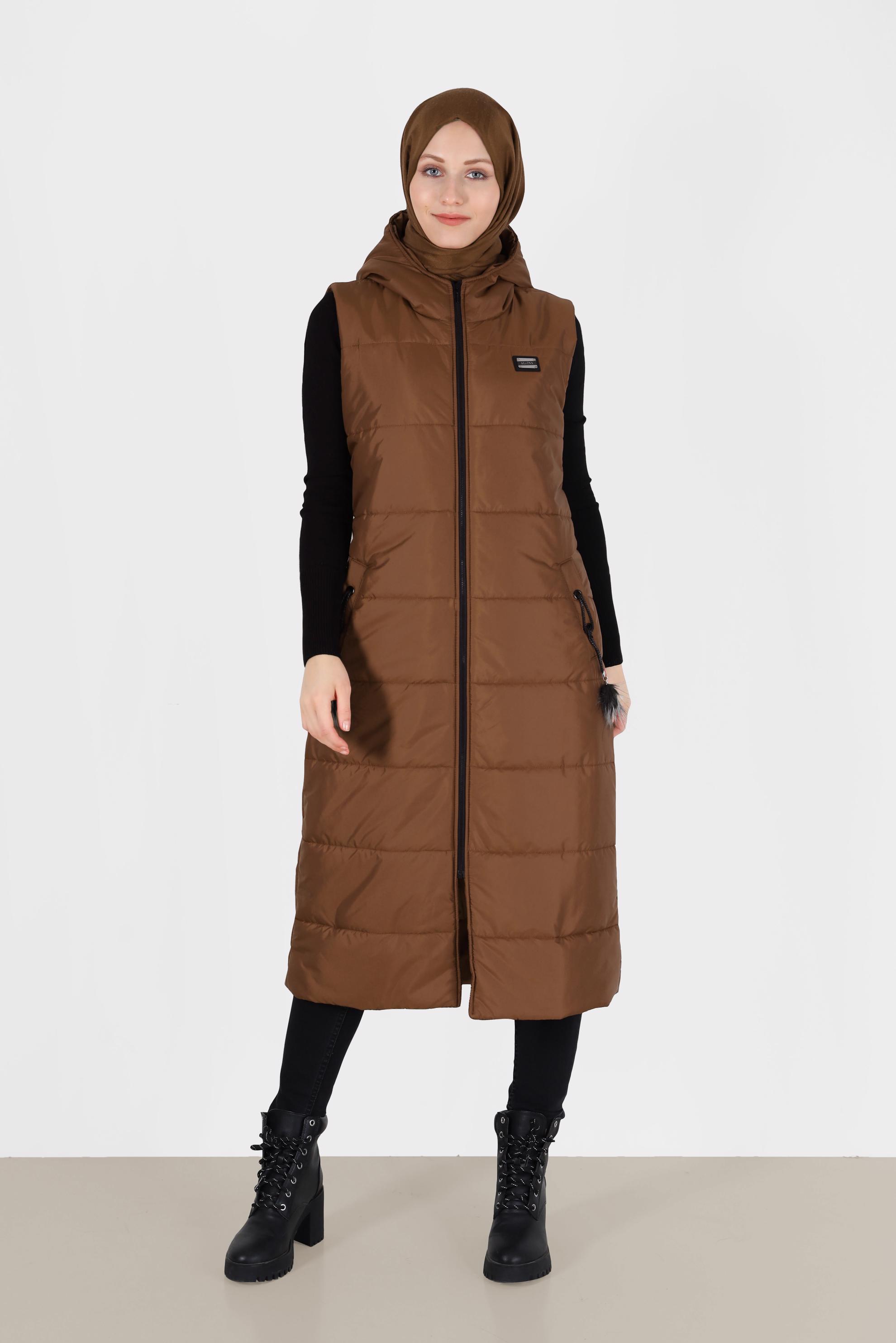 Tesettür giyim TABA CEPLİ FERMUARLI ŞİŞME YELEK 90271 