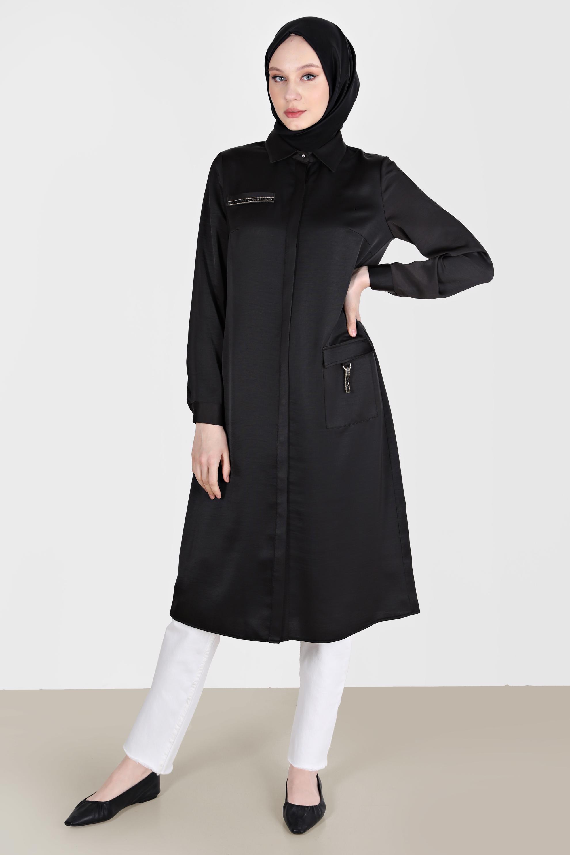 Tesettür giyim SİYAH TAŞ DETAYLI CEPLİ TUNİK 42500