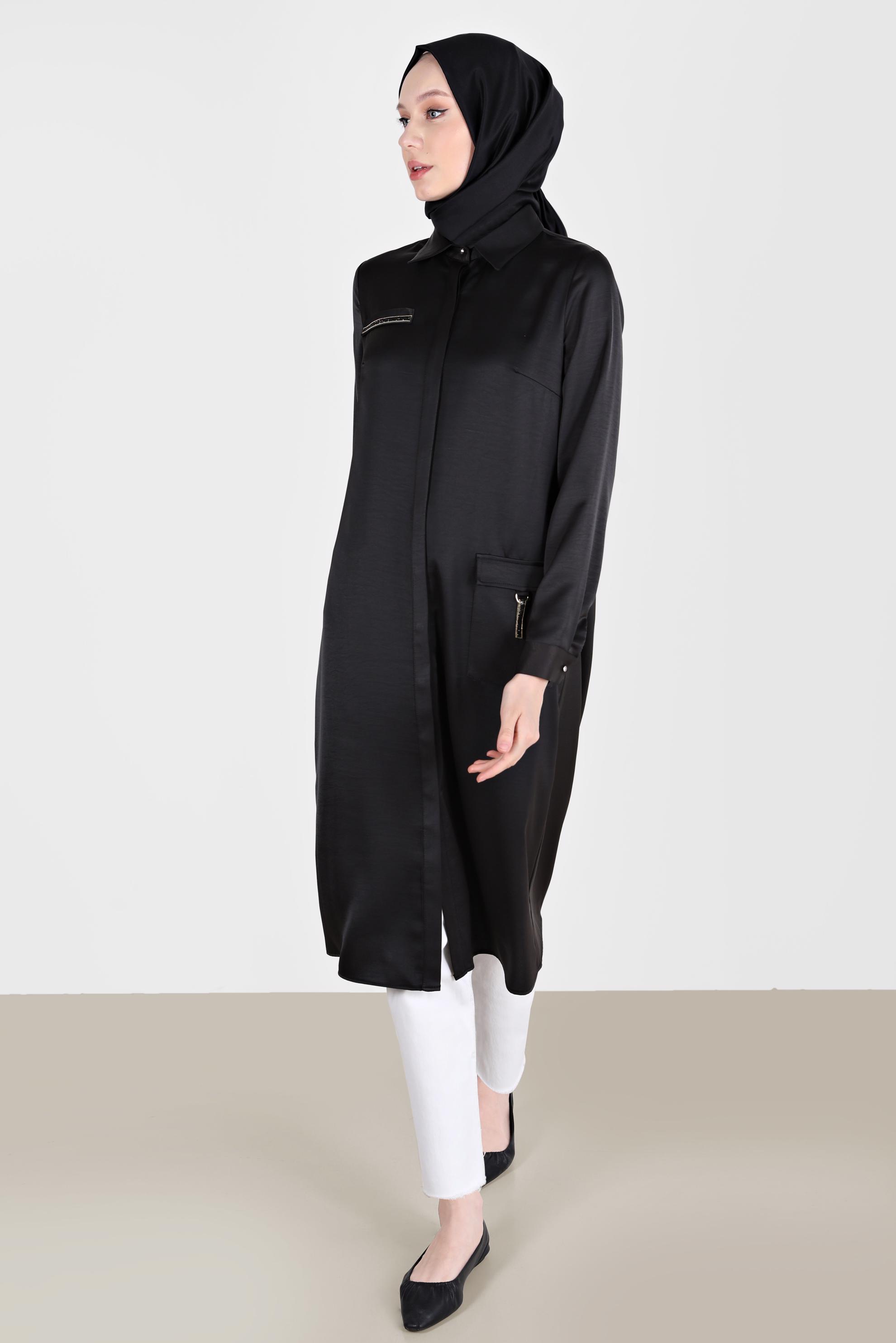 Tesettür giyim SİYAH TAŞ DETAYLI CEPLİ TUNİK 42500