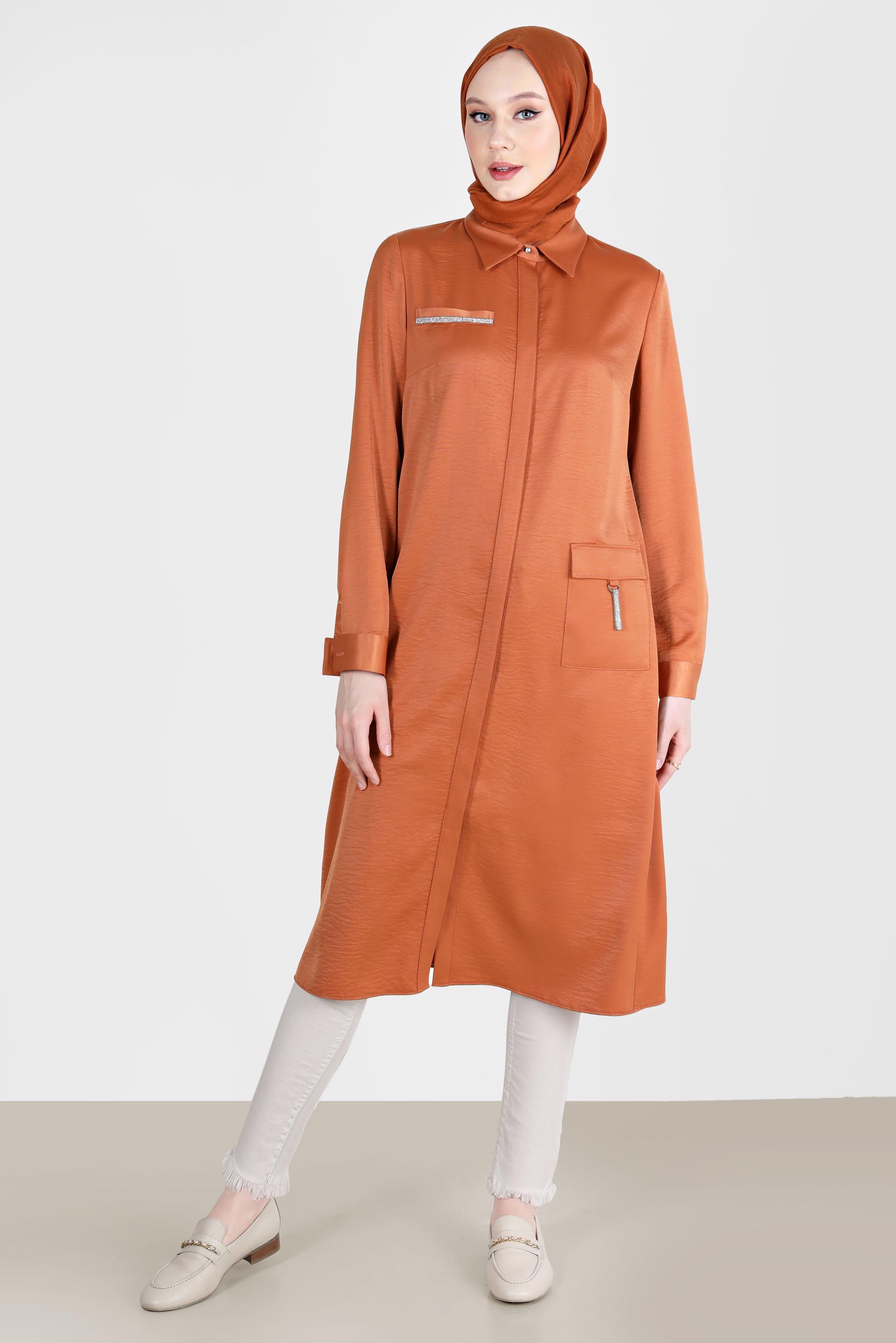 Tesettür giyim TURUNCU TAŞ DETAYLI CEPLİ TUNİK 42500